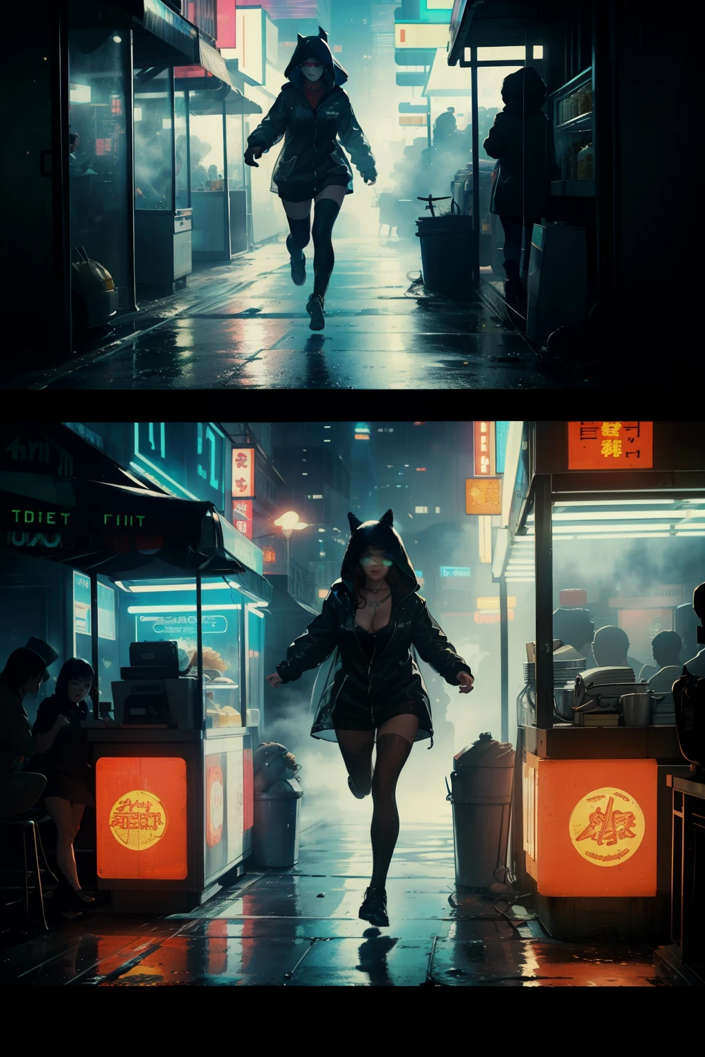 ((highest quality)), ((masterpiece)), (be familiar with), (High definition), (Accurate), (Realistic), (Cinematic), (Best Shadow), (Low contrast), (8K), Perfect Face, ((SYD MEAD style)), manga、mangaデザイン、Storyboard、Frame division、(Action Scenes), ((1 Woman is running away))、((Replicant, Black Hair, very short hair, Blue Eyes)), (Black hooded raincoat)、((Walking through the food stalls))、Glittering neon signs、congestion, congestion, Decadent Future City, NEO TOKYO, A.D.2051, (steam:1.2), It's raining white, evening, (Close-up of a woman's face)
