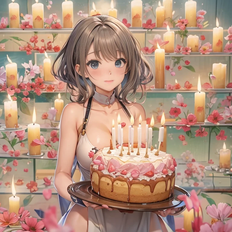 highest quality、realistic anime images、gag、Simple Background、1 girl、20-year-old、(Troubled expression、A cake with 100 candles:1.5)、Decorated interior for 、Camel Toe、Giant tit、Nipple Puffs、Cleavage、Plump、Super big breasts、Super big butt