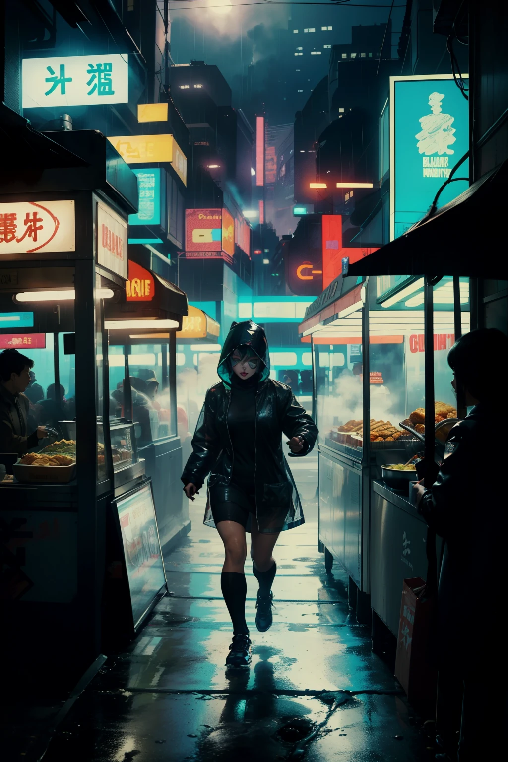 ((highest quality)), ((masterpiece)), (be familiar with), (High definition), (Accurate), (Realistic), (Cinematic), (Best Shadow), (Low contrast), (8K), Perfect Face, ((SYD MEAD style)), manga、mangaデザイン、Storyboard、Frame division、(Action Scenes), ((1 Woman is running away))、((Replicant, Black Hair, very short hair, Blue Eyes)), (Black hooded raincoat)、((Walking through the food stalls))、Glittering neon signs、congestion, congestion, Decadent Future City, NEO TOKYO, A.D.2051, (steam:1.2), It's raining white, evening, (Close-up of a woman's face)