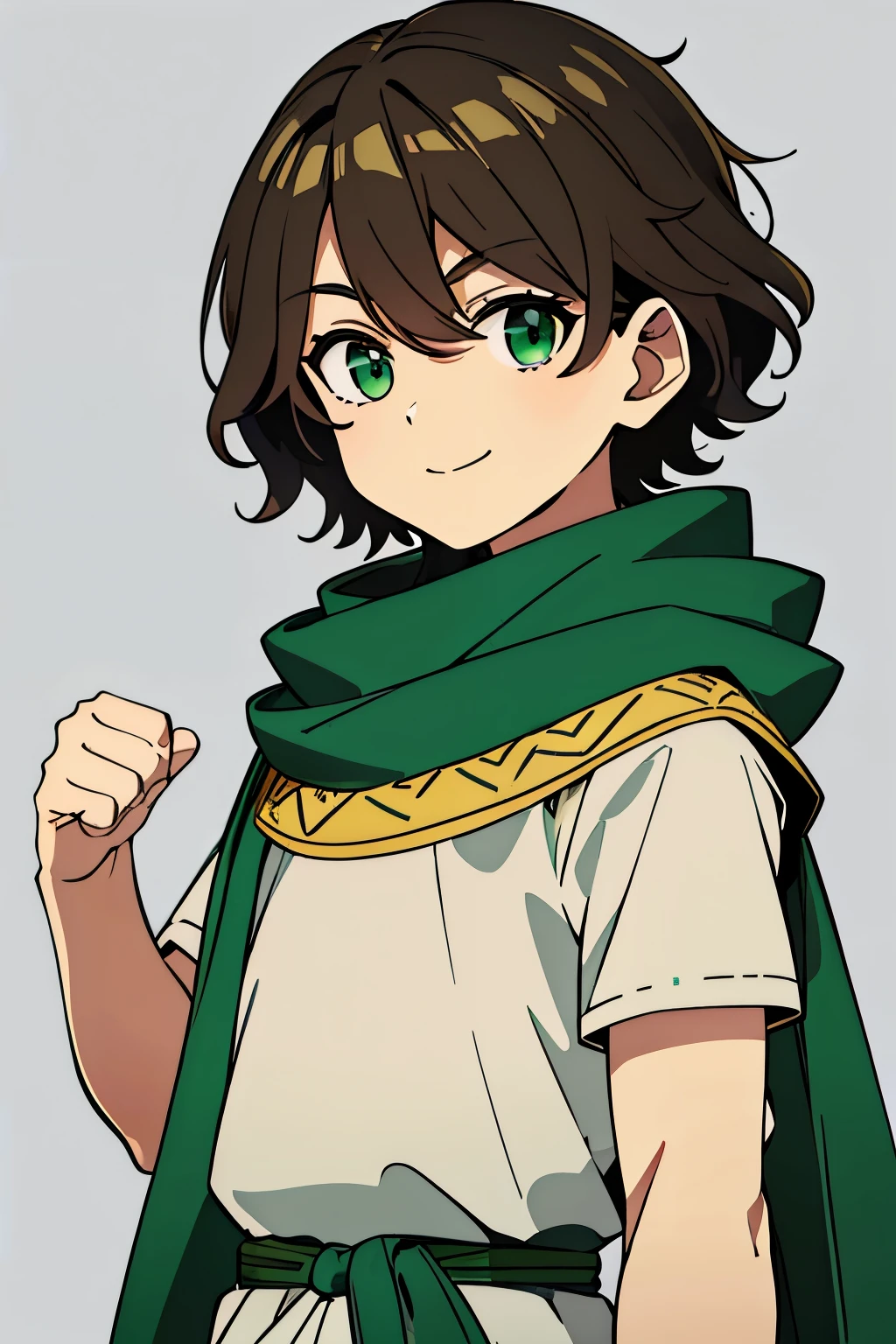 (high-quality, breathtaking),(expressive eyes, perfect face) 1boy, male, solo, toddler age, shota, dark brown color hair, green eye color, spiky fluffy hair, wavy hair, short hair length, cute smile, cute face, childlike face, white tunic, green and gold trim, green scarf, Symmetrical Eyes, portrait, positive expression, grey background, greek clothes, ancient Greek clothes
