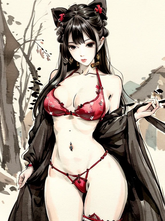 (masterpiece, highest quality: 1.2), Chinese traditional ink painting, （The steep mountains of Huangshan in China々々々Ink painting depicting）One Girl,（Large Breasts、big 、big 房、big Tits） Exquisitely embroidered Chinese costume　,Decorative micro bikini  ,（Cleavage exposure、Expose your arms、Navel exposure、Exposed thighs）Garter Stockings、 (smile), Looking at the audience,