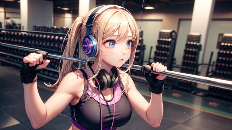 Beautiful girl training at the gym while listening to music through headphones