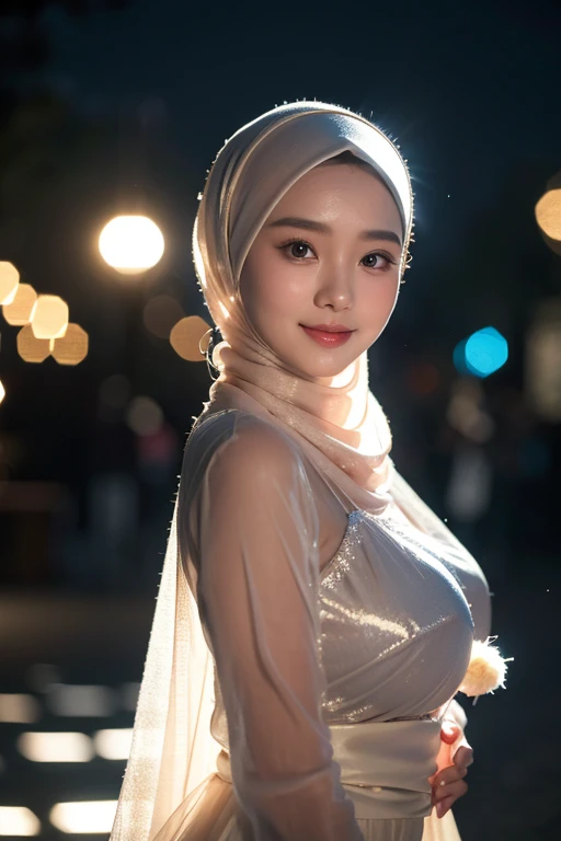 (iu:0.8),((big breasts)), RAW, Best quality, high resolution, Masterpiece: 1.3, beautiful Javanese girl in see-through hijab, Masterpiece, Perfect slim body, Beautiful big eyes, Soft smile, Wearing see-through satin clothes look, red rose color mixed with black, beautiful appearance, modern pom-pom hijab, shy, medium portrait, watery eyes, luminous particles, blue bokeh light background, bright headlights, high quality, very detailed, 8k, smile and beautiful look