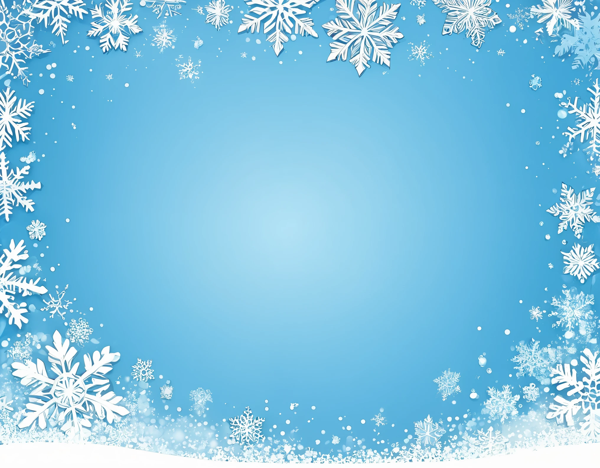 Create a winter scene, fill random the entire page with a lot of small cristal sparkling snowflakes on light blue background