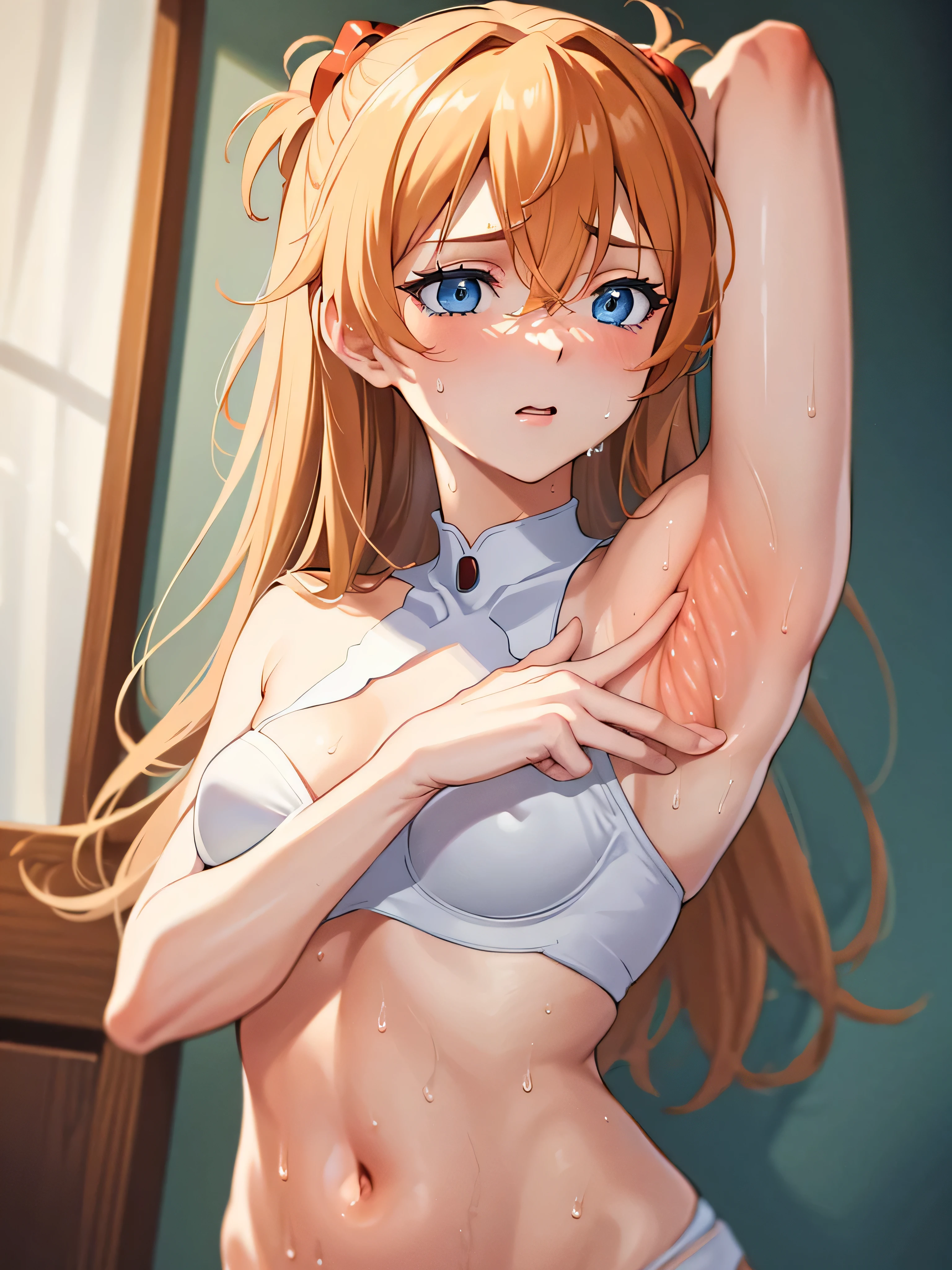 masterpiece, best quality, ultra detailed, ultra high res, photorealistic, 8k, highest quality, masterpiece, Best image quality, Super detailed, Ultra-high resolution, Photorealistic depictions, anime, comics, Asuka Langley Soryu (blue eyes:1.4), Hair between the eyes, Orange Hair, 1 Girl, alone, Watching the audience, Highly detailed artistic sprouts, Official artwork, Glowing Skin, Professional Lighting, Slender figure, Highly detailed face and skin texture, body gloss, dynamite body, sexy, pink cheek, bedroom, on bed, nude, Beautiful nipples, Embarrassed face, blush, ((naked)), ((On the white sheets)), (White panties:1.5), (White bra), In underwear, ((expand the armpits)), raise hand, Show your side, (Armpit sweat:1.4),
