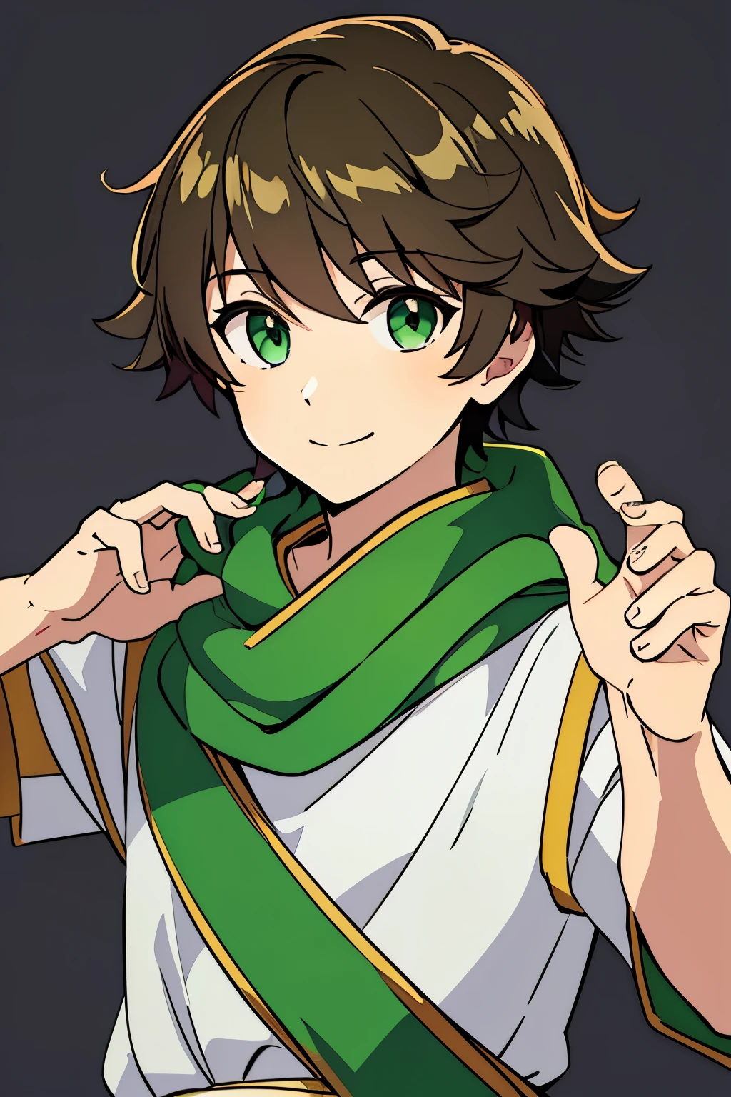 (high-quality, breathtaking),(expressive eyes, perfect face) 1boy, male, solo, toddler age, shota, dark brown color hair, green eye color, spiky fluffy hair, wavy hair, short hair length, cute smile, cute face, childlike face, white tunic, green and gold trim, green scarf, Symmetrical Eyes, portrait, positive expression, grey background, greek clothes, ancient Greek clothes
