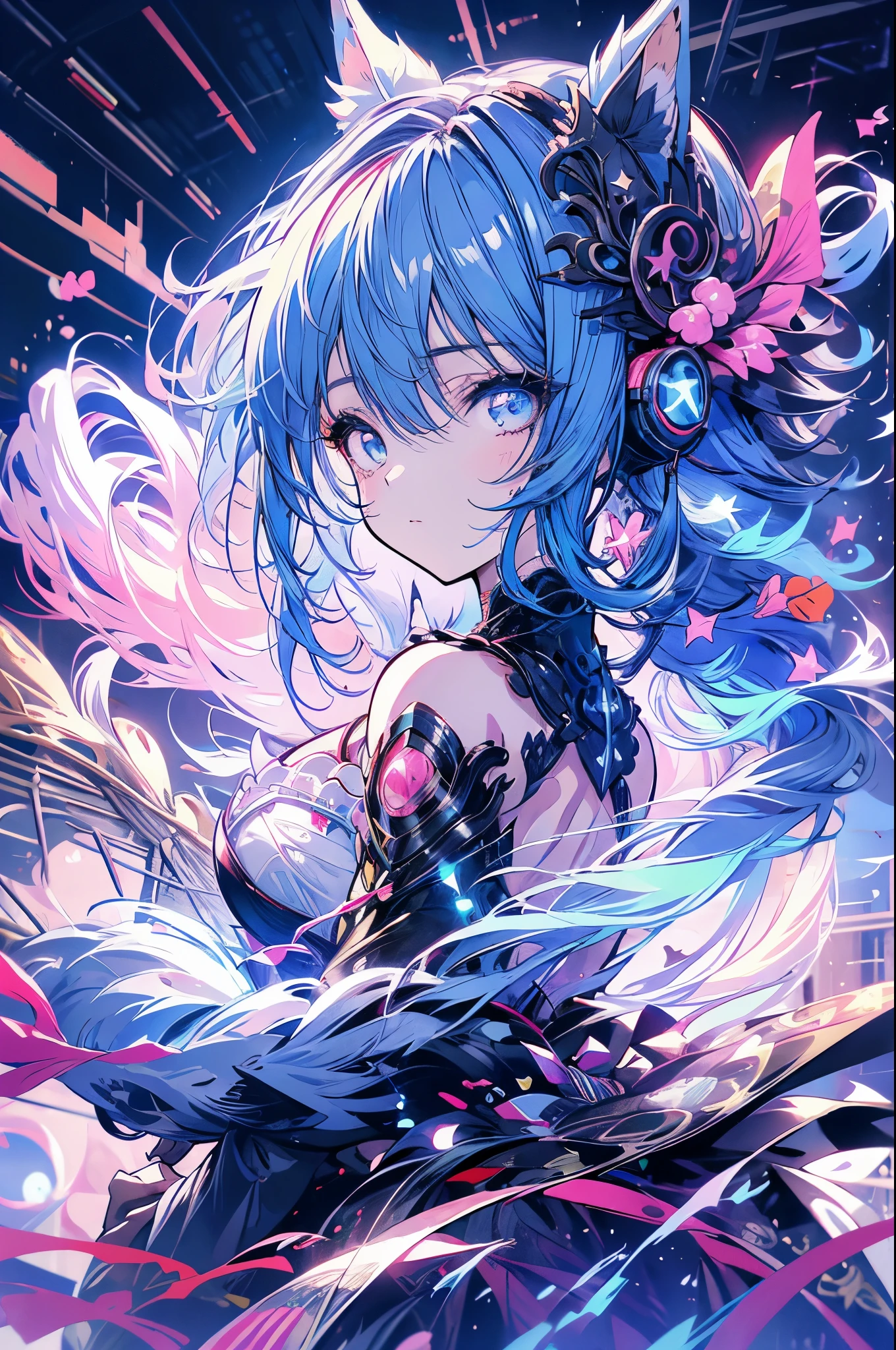 Anime girl with cat ears and headphones, Look at your shoulder, Anime drawing by Yang J, Pixiv Contest Winners, Serial Art, デジタルAnime illustration, kawashi, Anime-style illustrations, Anime Style 4k, Beautiful anime portraits, Anime style portrait, Anime style artwork, Guweiz style artwork, Anime illustration, Digital anime art, Detailed Digital anime art, Beautiful starry sky, ((Beautiful night view))cowboy shot,