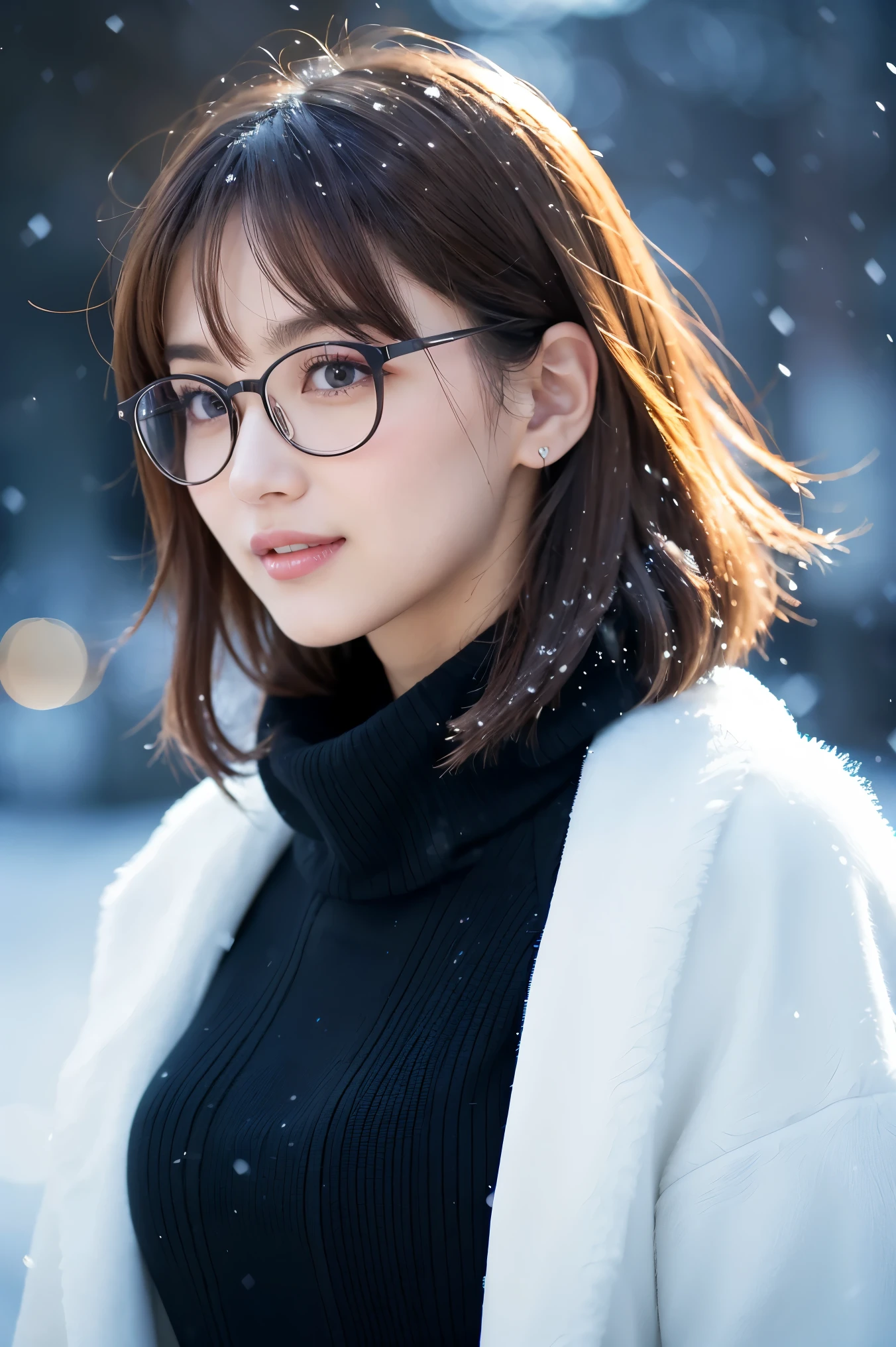 masterpiece, highest quality, Winter clothes,, Beautiful girl with short hair, black glasses, K-POP idol, Magic milk, holstein milk,coat,I can see the cleavage