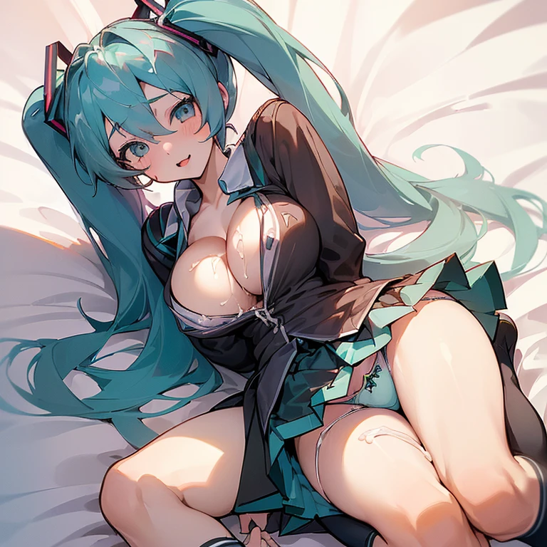 ((Hatsune Miku)), ((huge breasts 1.8)), ((((Emphasize the cleavage 1.3)))), ((((((high school girl uniform 1.9)))))), ((lift up the skirt)),((Lying on bed 1.5)),(no bra),(From Above),(((((Show Panties))))),panting with excitement,((((cum on breast 1.5))))