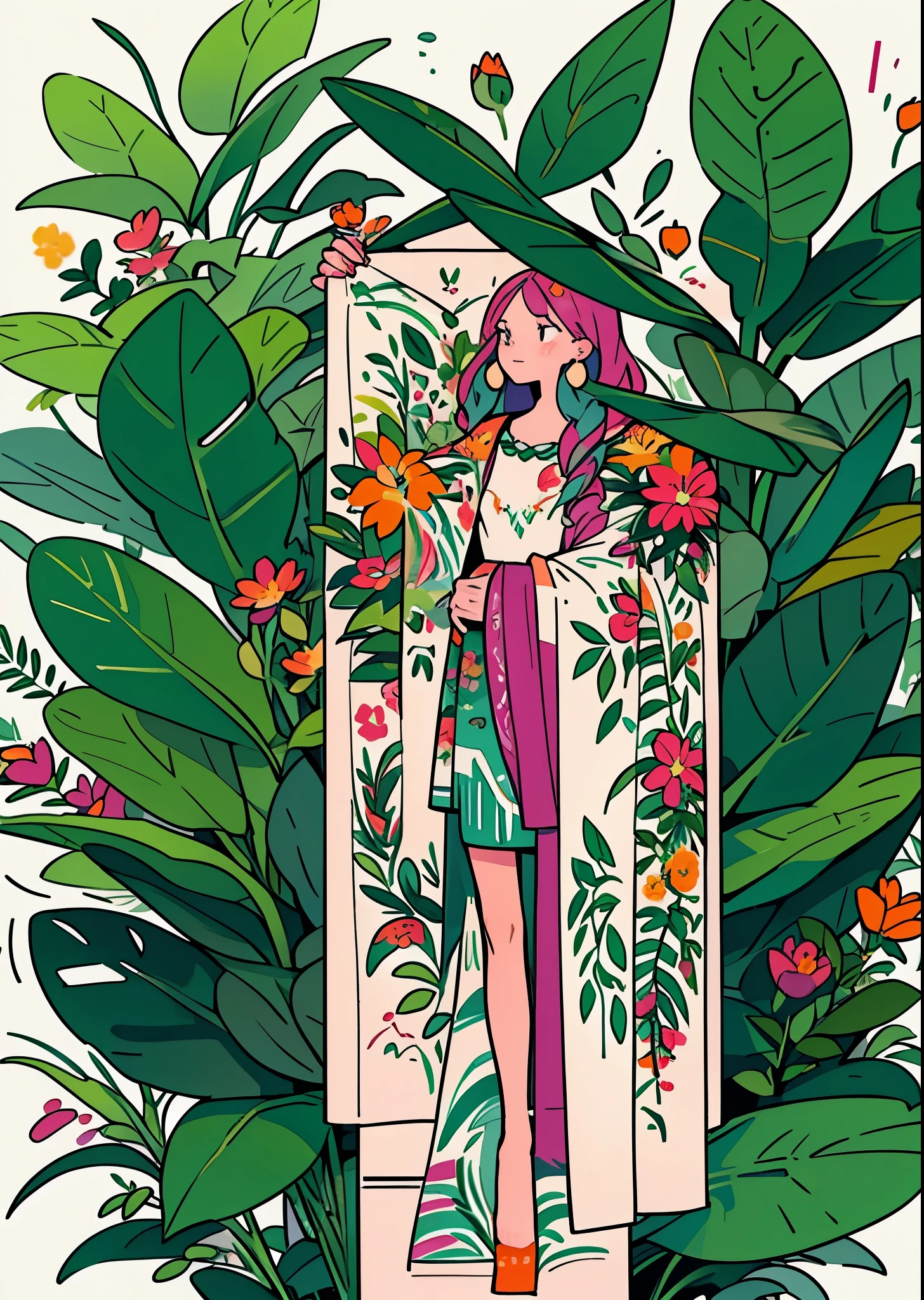 There is a blank space in the middle of the plant,Colorful plants,Rich colors,Orange-red,pink,Purple,green,Lush vegetation,Digital Illustration,Commercial poster,flowers,4k,high quality,detailed