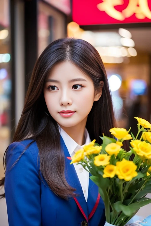 8k, Highest quality, Special details, , Beautiful Asian woman, 25 years old, straight face.,) Look straight at the camera, intently, intently ,)Long hair floats up,)) The light illuminates the face and focuses clearly. ,Stylish uniforms, blue suits, red pepper blue suits. Help customers, Chic shop decoration, bright colors, bustling environment There was a large flower vase with red, yellow, pink, white flowers around it appropriately.,) Shot with a high quality Fuji 45 camera.,000,000 chili cells with realistic light and sound,