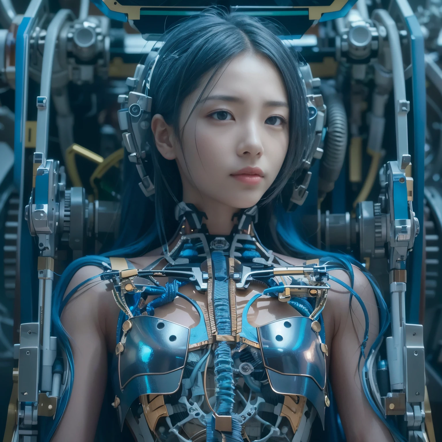 (best quality:1.2), 8k, highres, octan render, (masterpiece), extremely ultra detail, cyborgized Japanese woman, extremely ultra cute face, , skinny body, flat chest, (blue metallic mechanical frame:1.5), (Power cables connected throughout the body), detaile up, Instead of hair, there are cables growing out of it, mechanical fusion, mechanical skeleton, bio mechanics, mechanical life-form, highly intricate detail, extremely ultra real texture, human-like skin, realistic hair, ultra realistic details, professional lighting, (realistic:1.4), (RAW photo:1.2), (photorealistic:1.37)