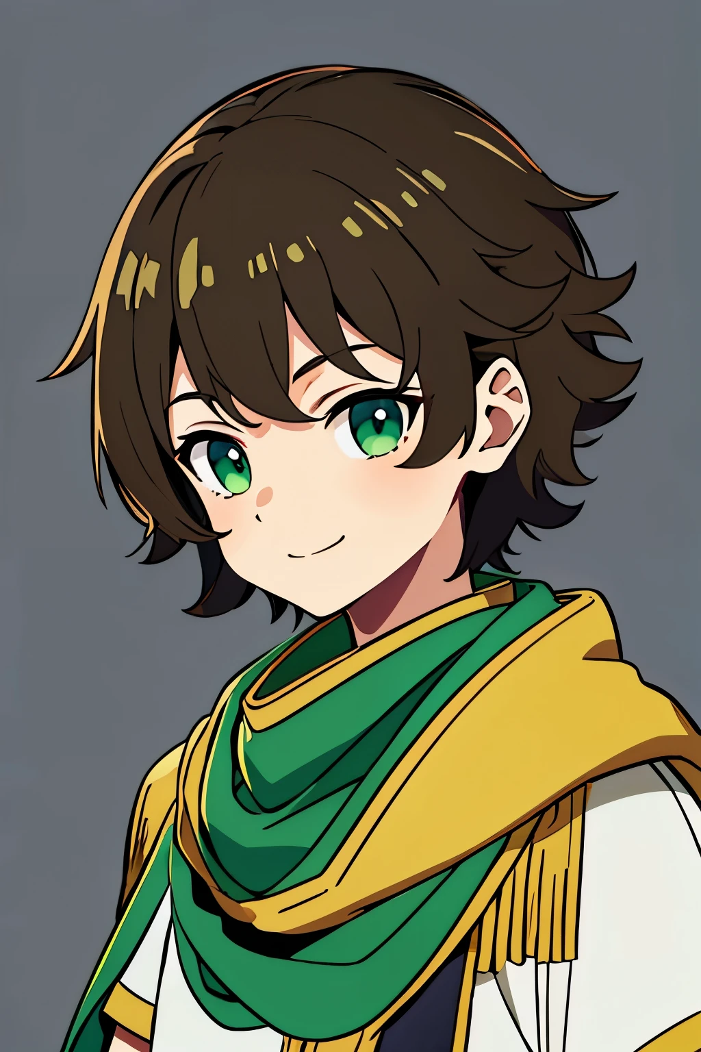 (high-quality, breathtaking),(expressive eyes, perfect face) 1boy, male, solo, toddler age, shota, dark brown color hair, green eye color, spiky fluffy hair, wavy hair, short hair length, cute smile, cute face, childlike face, white tunic, green and gold trim, green scarf, Symmetrical Eyes, portrait, positive expression, grey background, greek clothes, ancient Greek clothes
