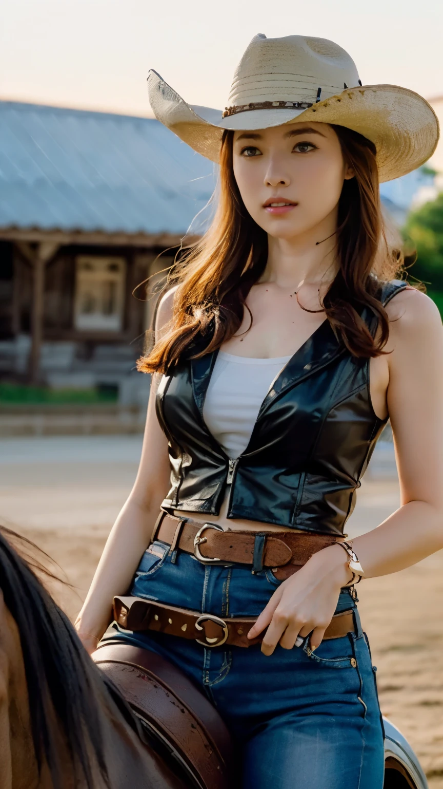 ((Perfect Anatomy)) ,Masterpiece,Ulzan 6500,(Real person,Realisticな写真),4K shot from Eagle View,(((The story is set in the American frontier, where a beautiful 20-year-old woman in a cowboy hat looks great on her and is a skilled female sheriff who takes down the bad guys from the movie "A Gunfighter in the Sunset Strip.",Riding a horse through the middle of a dusty, paved road lined with old, dilapidated wooden houses))),(The sheriff's badge glows dully.),(He was wearing a worn out brown dress shirt with dust and wrinkles, a worn out black leather vest, slim jeans, western boots and a cowboy hat.),A muscular coke bottle body with a proud F cup bust and firm hips, (((A serious-looking female sheriff in an old brown leather cowboy hat is riding a horse.))),4K full-body shot from the side,Wild West cityscape,wasteland,Gunslinger Costume,(A beautifully engraved gun belt is worn around the waist.:1.3),(Gun Holster:1.3),She takes aim with a long-barreled revolver in her hand.,Photos of poses that capture the essence of movement,Beauty condensed in 1girl,Clear Skin,(In 8K, RAW Photos, highest quality, Tabletop),The red sunset dyes the buildings red,Cinema Lighting,(Realistic, Photorealistic),