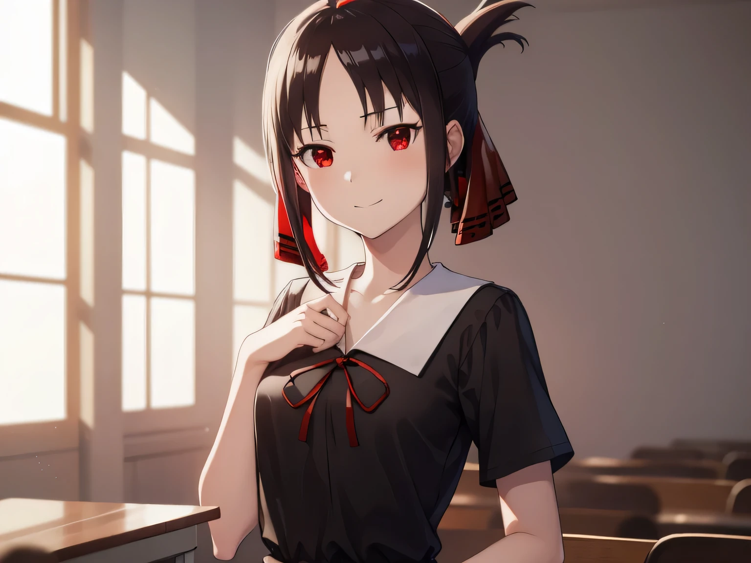 kaguyashinomiya, kaguya shinomiya, Folded ponytail, amount, hair ribbon, (Red eyes:1.5), red ribbon, ribbon, short hair, Side Lock, (Small breasts:1.2),
break black dress, dress, pinafore dress, , shirt, Short sleeve, Shuchiin Academy , white shirt,
break looking at viewer,
break indoors, classroom,
break (masterpiece:1.2), highest quality, High resolution, unity 8k wallpaper, (figure:0.8), (Beautiful fine details:1.6), Highly detailed face, Perfect lighting, Highly detailed CG, (Perfect hands, Perfect Anatomy),smile