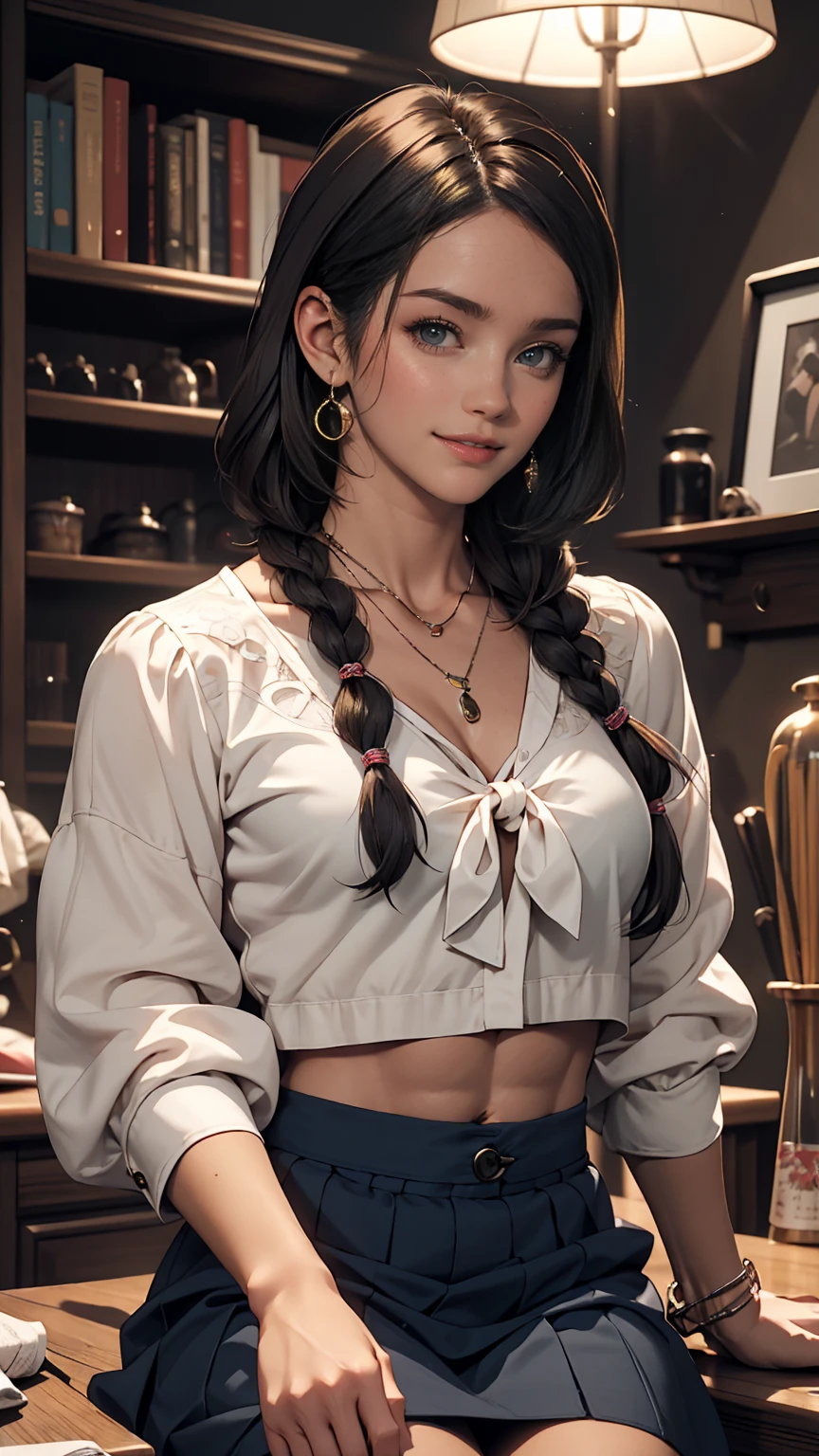 (8K, RAW Photos, highest quality, masterpiece:1.2), (Realistic, photo-Realistic:1.37)、26 year old Japanese woman、Hair is black、Eye color is indigo、long hair、I braid it lightly、fashion model body shape、Having her hair done、My chest is popping out、Wearing accessories on the ankle、smile、I'm wearing a hairband、Wearing a sheer tie-front shirt、My abs are ripped、The belly button is visible、Wear a navy blue low-rise micro mini pleated skirt、smile