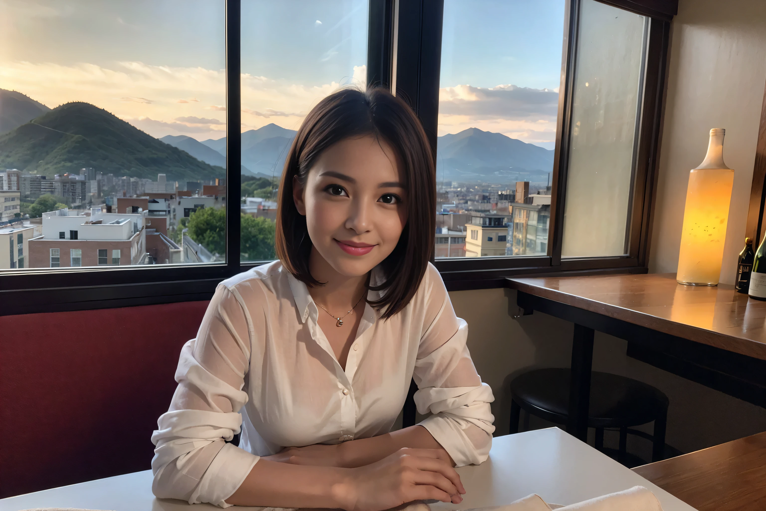((highest quality、8k、masterpiece:1.3))、Sharp focus:1.2、Beautiful woman perfect body:1.4、Slim body、((Bob Hale、Straight hair:1.2))、(to be born, highest quality, masterpiece:1.5), (Realistic, Intricate details:1.2), Ultra-high resolution, Spectacular view of the sunset sky and clouds、Amazing mountain views、A bright smile、wine glass、red wine 、Appetizer、Italian food、Wine bottle、Champagne、sparkling wine、, Beautiful Face, blue eyes, The light shines on your face, Blushing, short hair,Bright Face、Fox face、 (36 years old), 39 years old, Lady、Two beauties、Brown Hair、Shortcuts、Long sleeve shirt、dress、Pretty Woman 1, (slim face), (The body is slim), (Brown Hair), (Shortcuts), cheeks turn a little red,Attractive beauty、, Out of the window, A beautiful and detailed night view unfolds.........., restaurant, In a prominent place (From the waist up) Nova Frog Style, actress, model, Upper Body, White wine, slim, wine glass, A wine glass placed in the middle, smile, (smile: 1.15), Beautiful fine grain, Depth f/2,saturation, High Contrast, Strong light and shadow,Moist Body:1.5、3D texture、Delicate eyes、Brown Hair、The hair is very shiny、