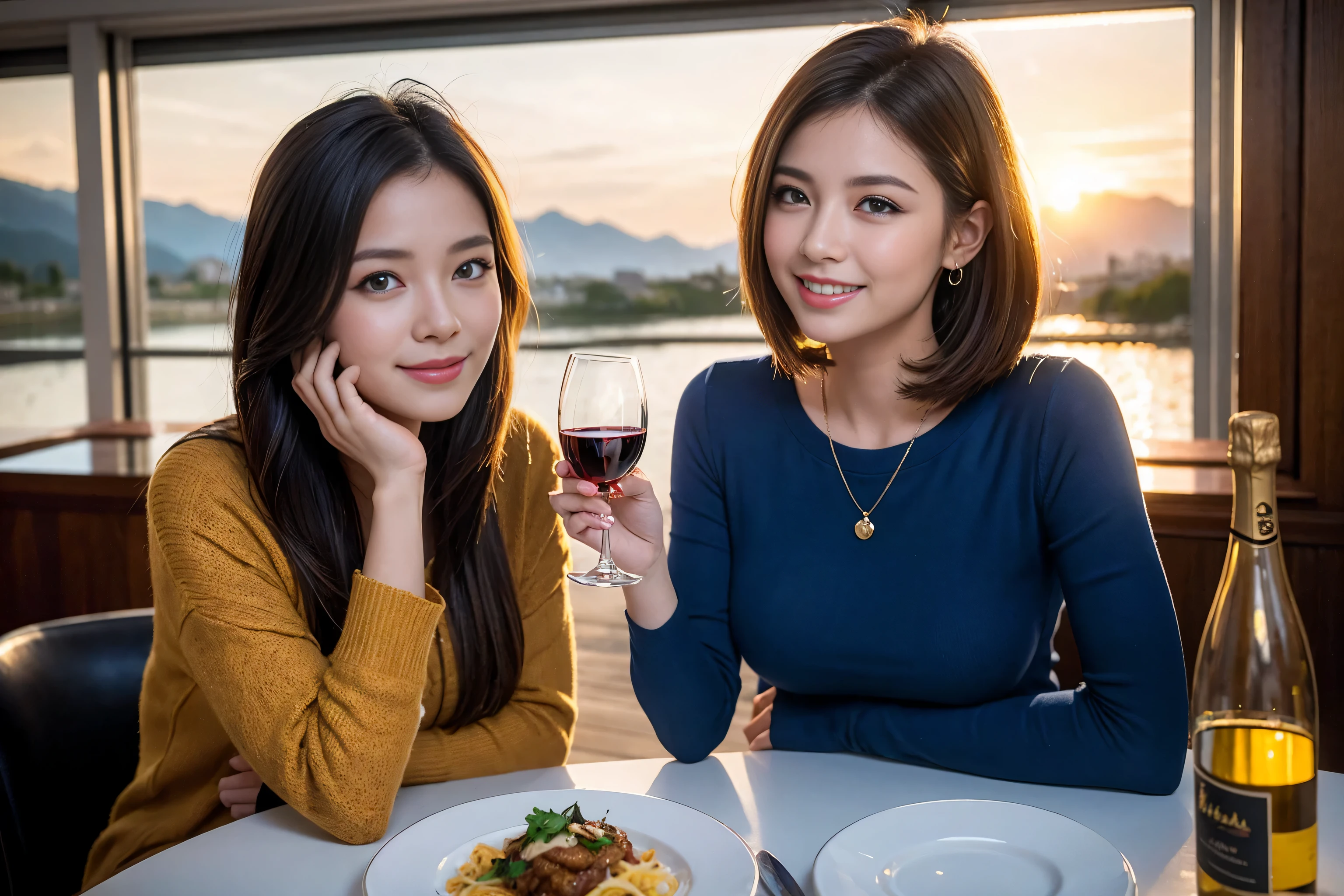 ((highest quality、8k、masterpiece:1.3))、Sharp focus:1.2、Beautiful woman perfect body:1.4、Slim body、((Bob Hale、Straight hair:1.2))、(to be born, highest quality, masterpiece:1.5), (Realistic, Intricate details:1.2), Ultra-high resolution, Spectacular view of the sunset sky and clouds、Amazing mountain views、A bright smile、wine glass、red wine 、Appetizer、Italian food、Wine bottle、Champagne、sparkling wine、, Beautiful Face, blue eyes, The light shines on your face, Blushing, short hair,Bright Face、Fox face、 (36 years old), 39 years old, Lady、Two beauties、Brown Hair、Shortcuts、Long sleeve shirt、dress、Pretty Woman 1, (slim face), (The body is slim), (Brown Hair), (Shortcuts), cheeks turn a little red,Attractive beauty、, Out of the window, A beautiful and detailed night view unfolds.........., restaurant, In a prominent place (From the waist up) Nova Frog Style, actress, model, Upper Body, White wine, slim, wine glass, A wine glass placed in the middle, smile, (smile: 1.15), Beautiful fine grain, Depth f/2,saturation, High Contrast, Strong light and shadow,Moist Body:1.5、3D texture、Delicate eyes、Brown Hair、The hair is very shiny、