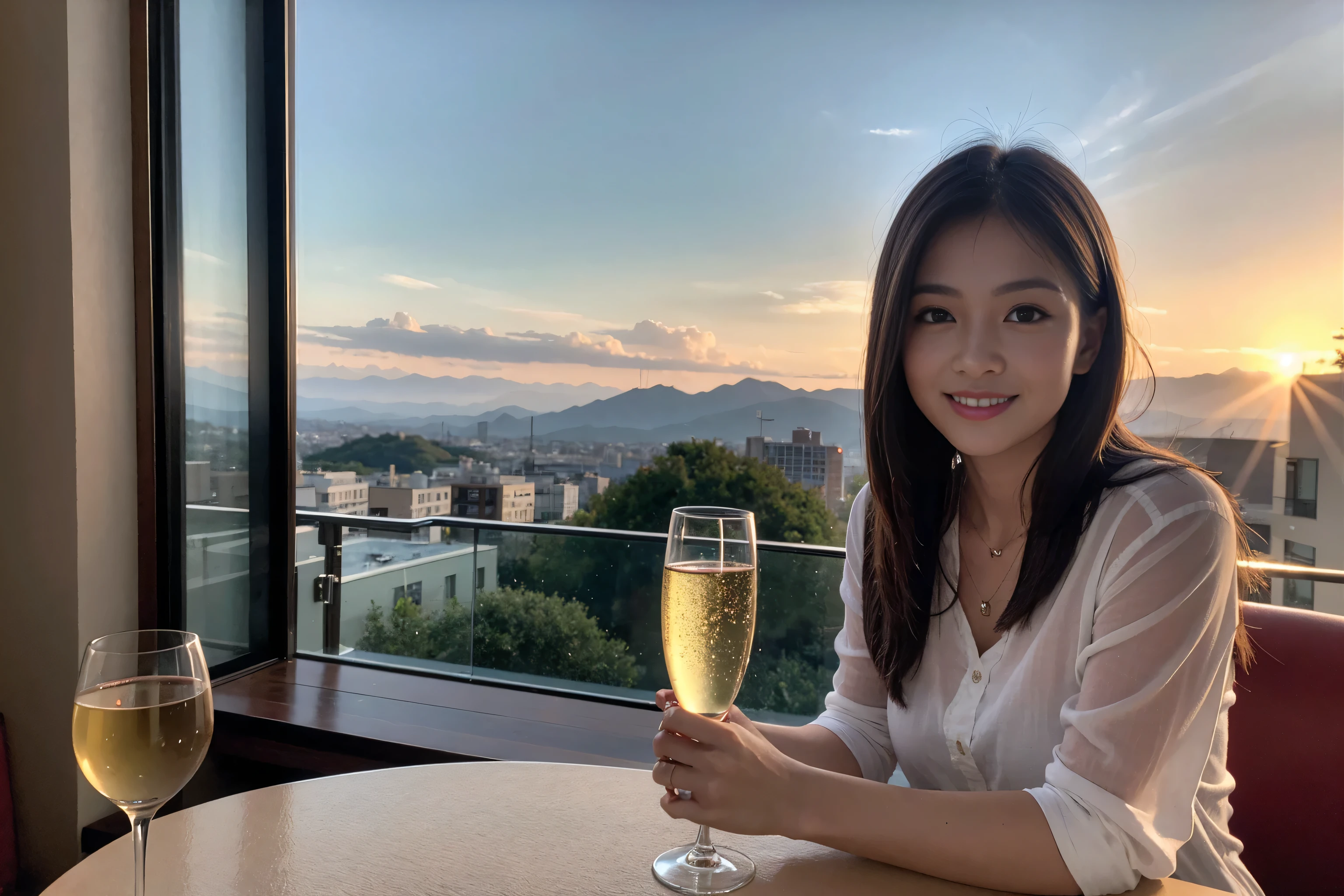 ((highest quality、8k、masterpiece:1.3))、Sharp focus:1.2、Beautiful woman perfect body:1.4、Slim body、((Bob Hale、Straight hair:1.2))、(to be born, highest quality, masterpiece:1.5), (Realistic, Intricate details:1.2), Ultra-high resolution, Spectacular view of the sunset sky and clouds、Amazing mountain views、A bright smile、wine glass、red wine 、Appetizer、Italian food、Wine bottle、Champagne、sparkling wine、, Beautiful Face, blue eyes, The light shines on your face, Blushing, short hair,Bright Face、Fox face、 (36 years old), 39 years old, Lady、Two beauties、Brown Hair、Shortcuts、Long sleeve shirt、dress、Pretty Woman 1, (slim face), (The body is slim), (Brown Hair), (Shortcuts), cheeks turn a little red,Attractive beauty、, Out of the window, A beautiful and detailed night view unfolds.........., restaurant, In a prominent place (From the waist up) Nova Frog Style, actress, model, Upper Body, White wine, slim, wine glass, A wine glass placed in the middle, smile, (smile: 1.15), Beautiful fine grain, Depth f/2,saturation, High Contrast, Strong light and shadow,Moist Body:1.5、3D texture、Delicate eyes、Brown Hair、The hair is very shiny、