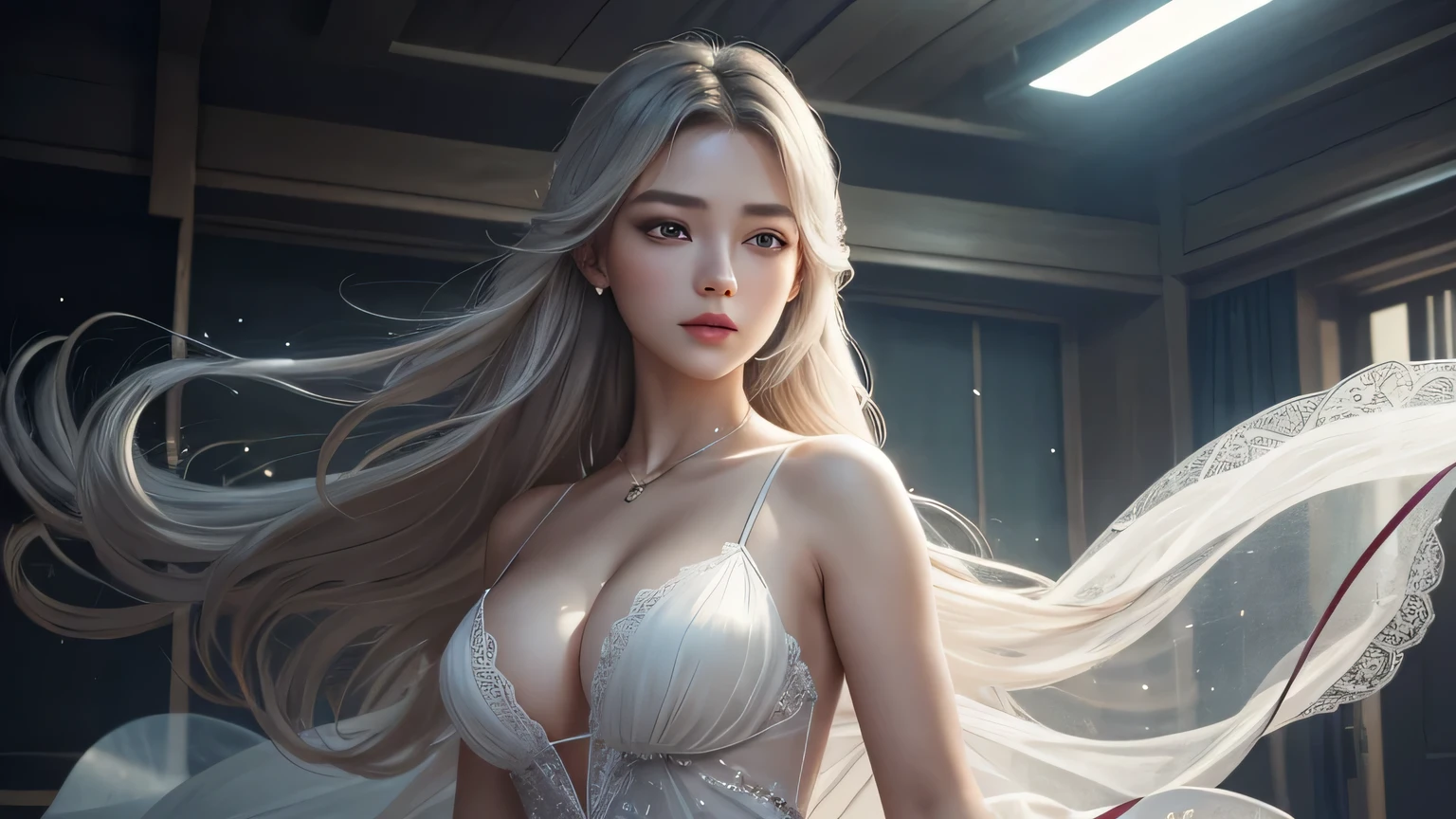 high quality work,Realistic artwork,Ultra Premium Graphics,8K HD CG works,High quality graphics,High-definition and elaborate CG work,10x pixels,Ultra-fine detail:1.1,Advanced Technical Details:1.1 realistic photo effects,Indoor lighting effects:1.5,Natural soft light:1.5. Light effects(Virtual Light Effects:1.8),Ultra-high resolution,Shiny Dress,Silver long hair,Silver Hair,Transparent Hair,Hair with attention to detail(High quality hair detail:1.1)Clear Eyes,Double eyelids are beautiful,Sharp eye makeup, Creates exquisite eyelash makeup, Thin eyebrows, Very fine eye,High nose, beautiful red lips, Rosy Cheeks, Delicate makeup applied , Pretty face, The face shape is perfectly balanced,(Advanced Face Detail:1.1) Masterpiece photo captures the essence of a dream experienced by an amazing young white woman NSFW, Perfect and beautifully detailed face, Realistic pores, 鋭くClear Eyes, (Nipples are visible), sheer dress, All around her are tendrils of smoke that transform into surreal butterflies., In a dream, she、Find yourself in a fantastical windscape filled with vibrant colors and surreal elements.。, The atmosphere is dreamy and ethereal, A soft light illuminates the scene, Young women are depicted as radiant and confident, Surrounded by symbols of her aspirations and inner strength, The overall atmosphere of the image should evoke a sense of wonder, empowerment, and endless possibilities, Complex lighting, Rim Light, (Wind:1.3), ,Women artwork,Dress full body video,realism,Great cleavage,Your eyes are shining brightly today