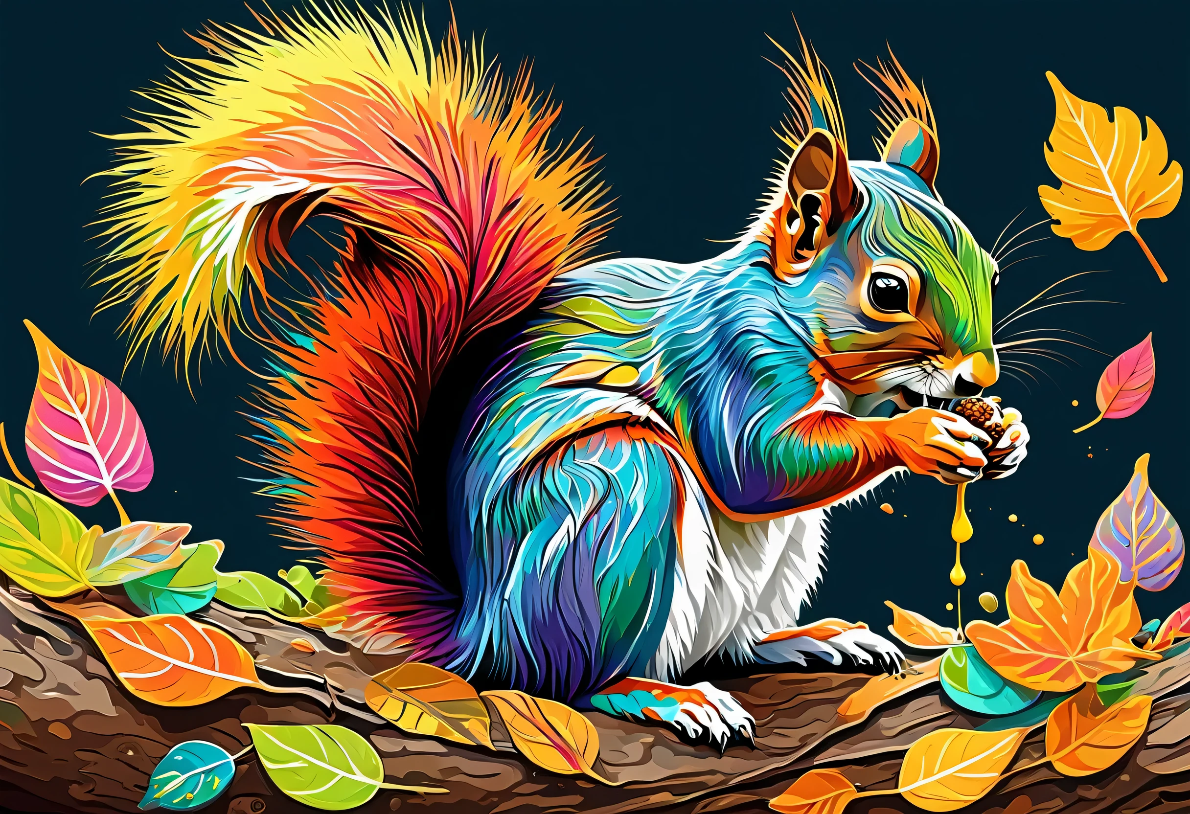 A eating Squirrel with colorful paint on its face and leaves, vector art：Zahari Zograf, Trending on Pexels, psychedelic art, Rich in color and detail, A complex and colorful masterpiece, art：Alessandro Pautasso, very complex and colorful, colorful hd images, A colorful and intricate masterpiece, High quality HD digital art, great digital art, very colorful