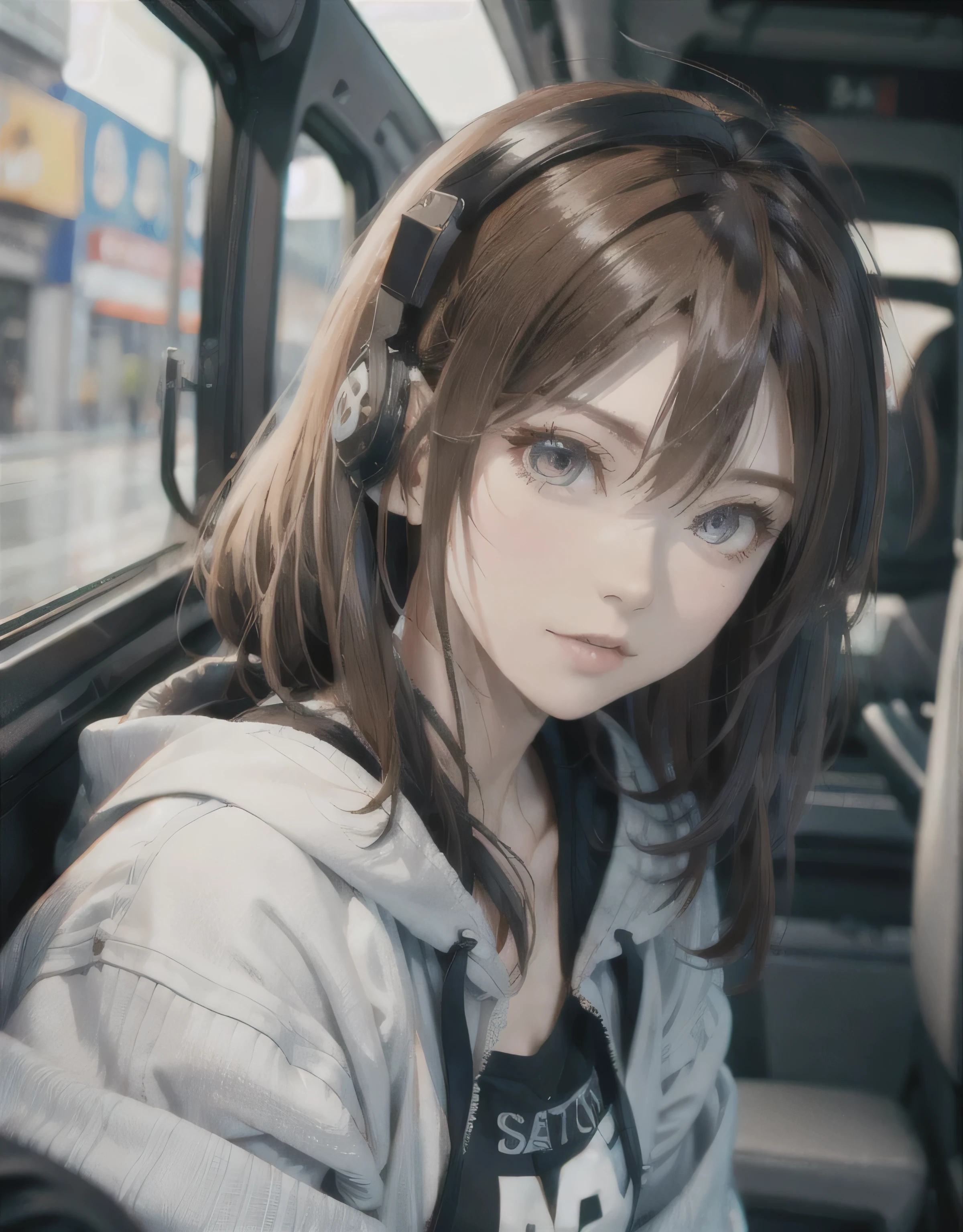 (Masseter muscle area、Side light、Ultra-detailed、Beautiful eyes in every detail: 1.2)、One Girl、bag、building、From the side、Headphones、Food、Put down the food、Hooded Jacket、hoodie、Jacket、length、Orange Hair、Redhead、solo、train、Inside the car、Upper body、masterpiece、highest quality