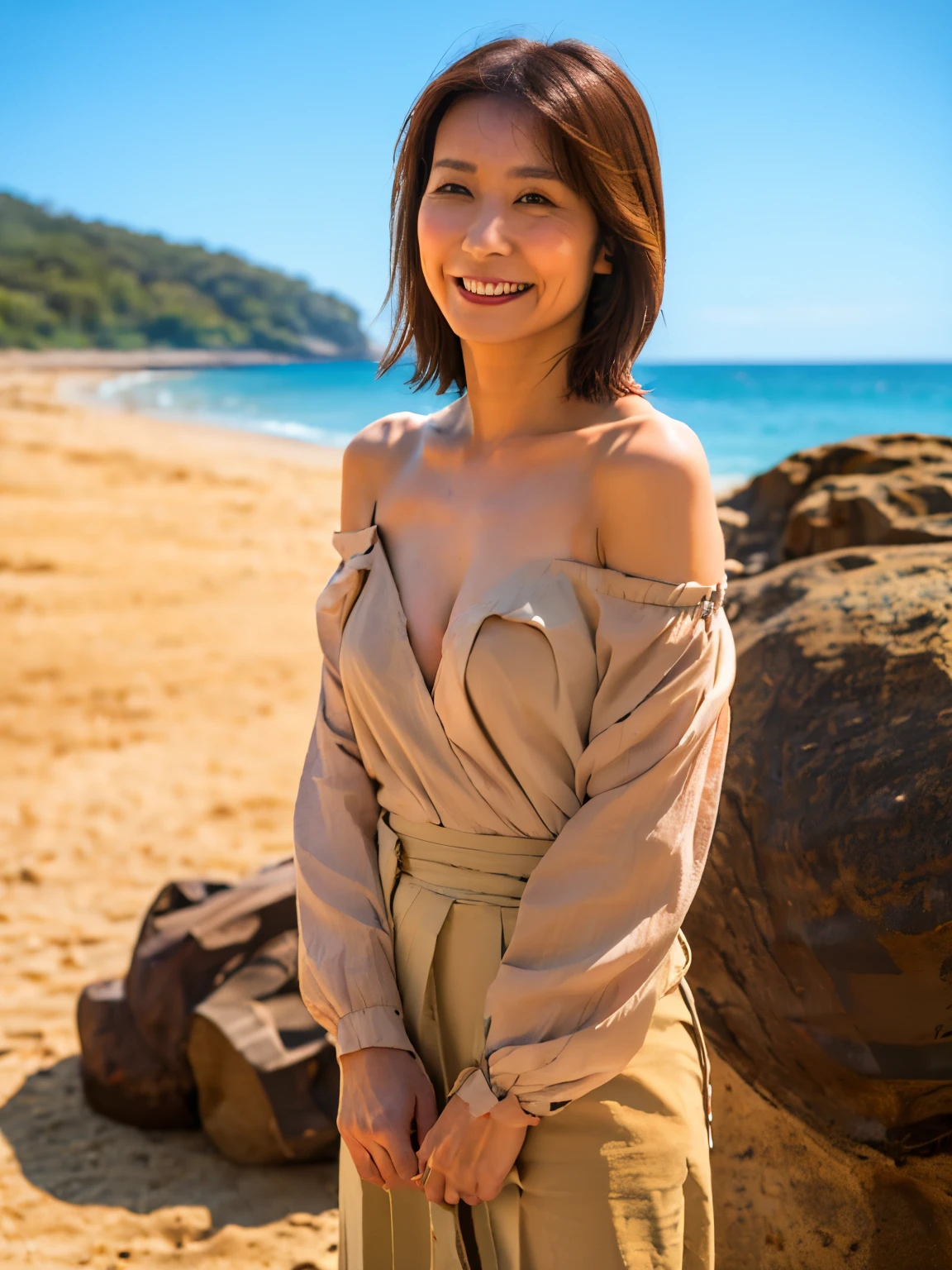 NSFW, ((highest quality)), ((8K)), ((masterpiece:1.3)), (perfect look), (photorealism:1.6), (sandy beach: 1.6), (Woman walking on the beach), (The sky dyed red by the sunset), (sunset on the ocean: 1.2), japanese woman, 47 years old, ((Realistic skin texture)), (Fine wrinkles throughout the skin: 1.3), (Dull skin: 1.1), (Skin without moisture: 1.2) , (Wrinkles on the face: 0.9), (Wrinkles on the corners of the eyes: 1.2), Double eyelids, tear bags on the lower eyelids, (Crying moles: 0.9), The eyes are looking here, serious gaze, (Dimples: 1.2), long hair, (boyish short hair), (hair falls over ears), smiling with the corners of the mouth raised, soft fabric off shoulder blouse, wide sleeves, Cuffs that fit your wrist, (The hem of the blouse is tucked into the skirt: 1.2), flare skirt, barefoot, hair fluttering in the wind, small breasts, (whole body: 1.4),
