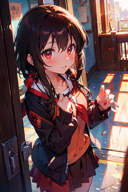 konosubaMegumin, Megumin, short hair, Black Hair, (Red eyes:1.3), short hair with long locks,happy smile, smile, Open your mouth,
White Sailor Suit,Short sleeve,Sweater vest, (red Sweater vest:1.5),White Thailand,black pleated skirt,White pantyhose,Black Loafers,whole bodyがイラストに入るように,morning,morning陽,The sun is rising,Walking,
break outdoor, In town,Building district,crowd, people々々々,
break looking at viewer, whole body,
break (masterpiece:1.2), highest quality, High resolution, unity 8k wallpaper, (shape:0.8), (Beautiful and beautiful eyes:1.6), Highly detailed face, Perfect lighting, Extremely detailed CG, (Perfect hands, Perfect Anatomy),