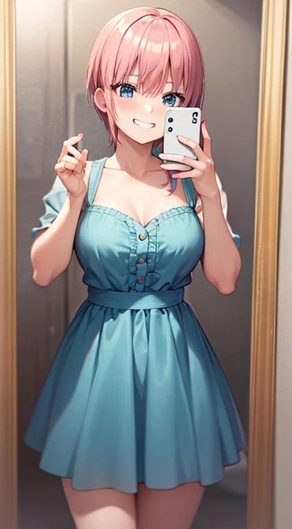 2d, masterpiece, best quality, anime, highly detailed, 1girl, solo, cowboy shot, nakano ichika, pink hair, short hair, grin smile:1.3, blue dress:1.3, medium breasts, standing, selfie, bathroom, mirror, 