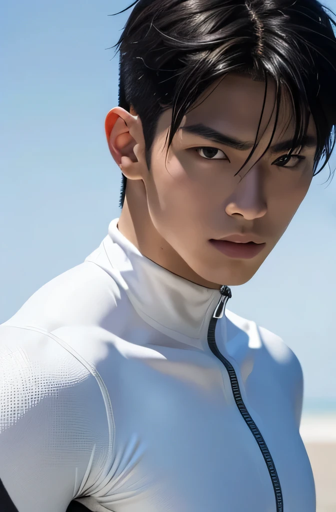 Japanese Male Model　Cool 18 year old　Short black hair　Slim and muscular　Fierce　Bright screen　Close-up image　Very tight white rubber suit　Hero　whole body