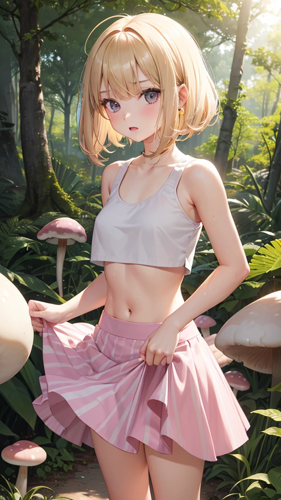 1girl, cute, , teen, slender, round face shape with angular jaw, blonde with bangs, grey eyes, shoulderless crop top, picking wet pink colorful mushrooms in a celestial forest, sunshine, stripe socks, pink skirt, hhorny touch, windy