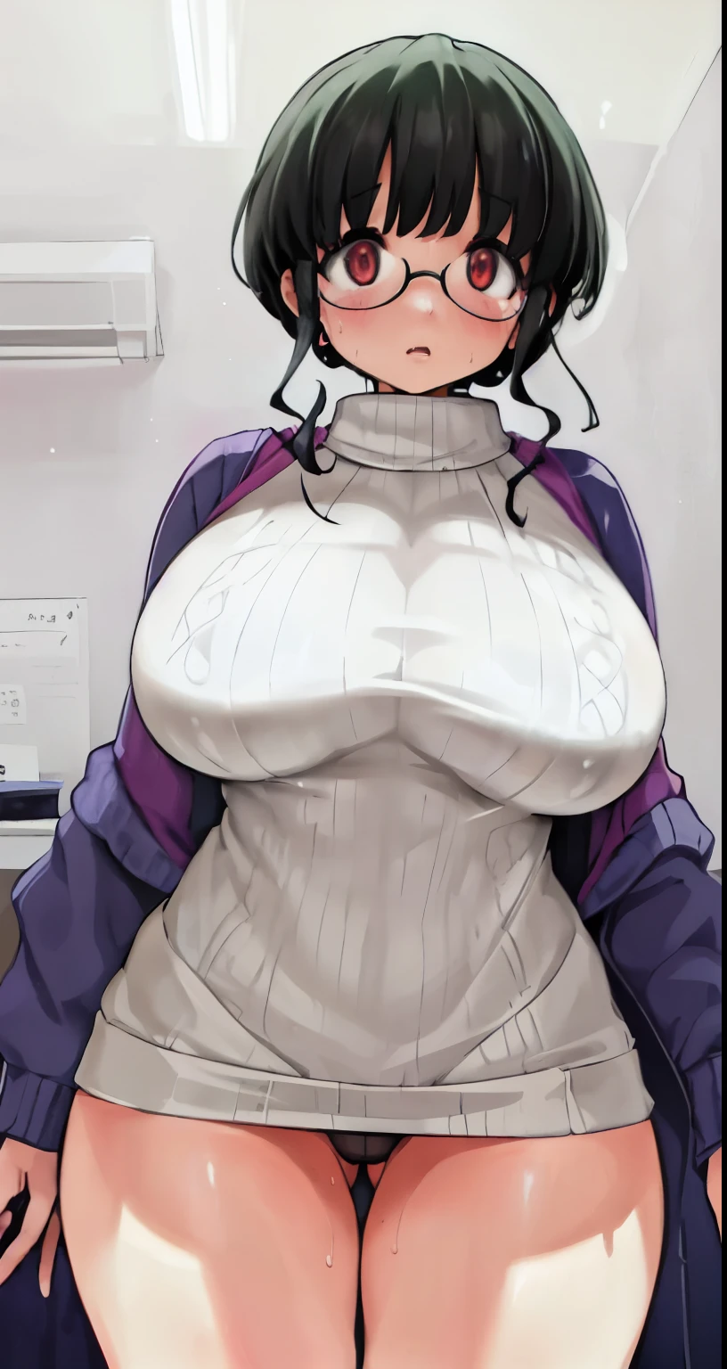 nsfw,(Perfect body),highest quality,(8K Portrait),(Official Art)、Browsing Caution、(((Big Breasts)))、obesity、((short hair))、blush,((isark hair)),(Sweat),((((Take off your sweater))))、Black knee socks、One Woman,((:is))、hot、Office Room、Glasses、Erect nipples、showing off panties、Overflowing Sex Fluids、Sexy lingerie made of thin fabric、(Crouch:1.5)、Wide-open legs:1.5、whole body