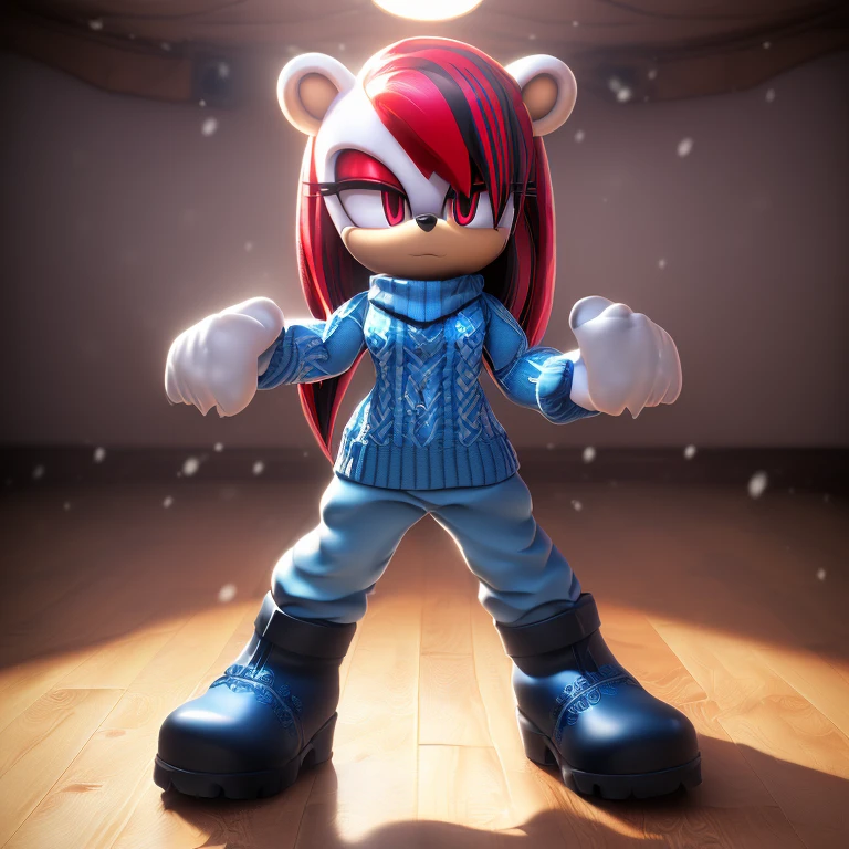 (((mobian, polar bear, female, teenager, well built, average , long straight hair, hair dow to middle of back, tied into ponytail, crimson hair with a white streak, red eyes, tomboy, snow pants, blue sweater, heavy boots, front view))), (((open tundra))), (((masterpiece, hd, 8k, highly detailed, studio quality, best quality, intricate detail, high quality, high detail, high resolution, detailed hands, studio lighting, detailed shadows, raytracing, digital art, featured on pixiv, the most beautiful image ever seen, realistic)))
