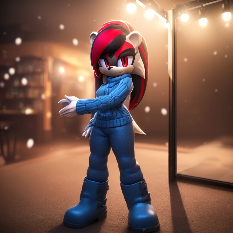 (((mobian, polar bear, female, teenager, well built, average , long straight hair, hair dow to middle of back, tied into ponytail, crimson hair with a white streak, red eyes, tomboy, snow pants, blue sweater, heavy boots, front view))), (((open tundra))), (((masterpiece, hd, 8k, highly detailed, studio quality, best quality, intricate detail, high quality, high detail, high resolution, detailed hands, studio lighting, detailed shadows, raytracing, digital art, featured on pixiv, the most beautiful image ever seen, realistic)))