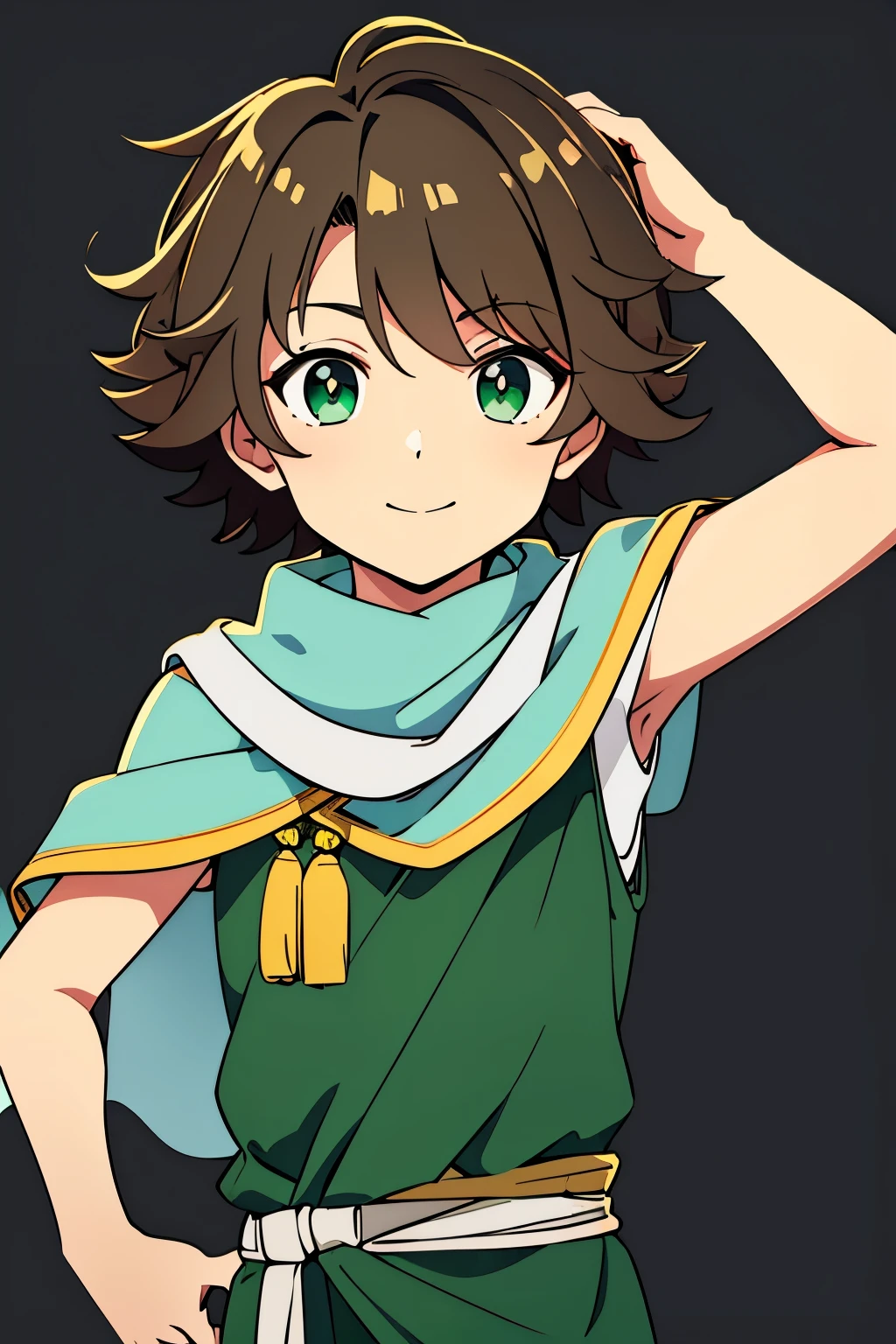 (high-quality, breathtaking),(expressive eyes, perfect face) 1boy, male, solo, toddler age, shota, dark brown color hair, green eye color, spiky fluffy hair, wavy hair, short hair length, cute smile, cute face, childlike face, white tunic, green and gold trim, green scarf, Symmetrical Eyes, portrait, positive expression, grey background, greek clothes, ancient Greek clothes
