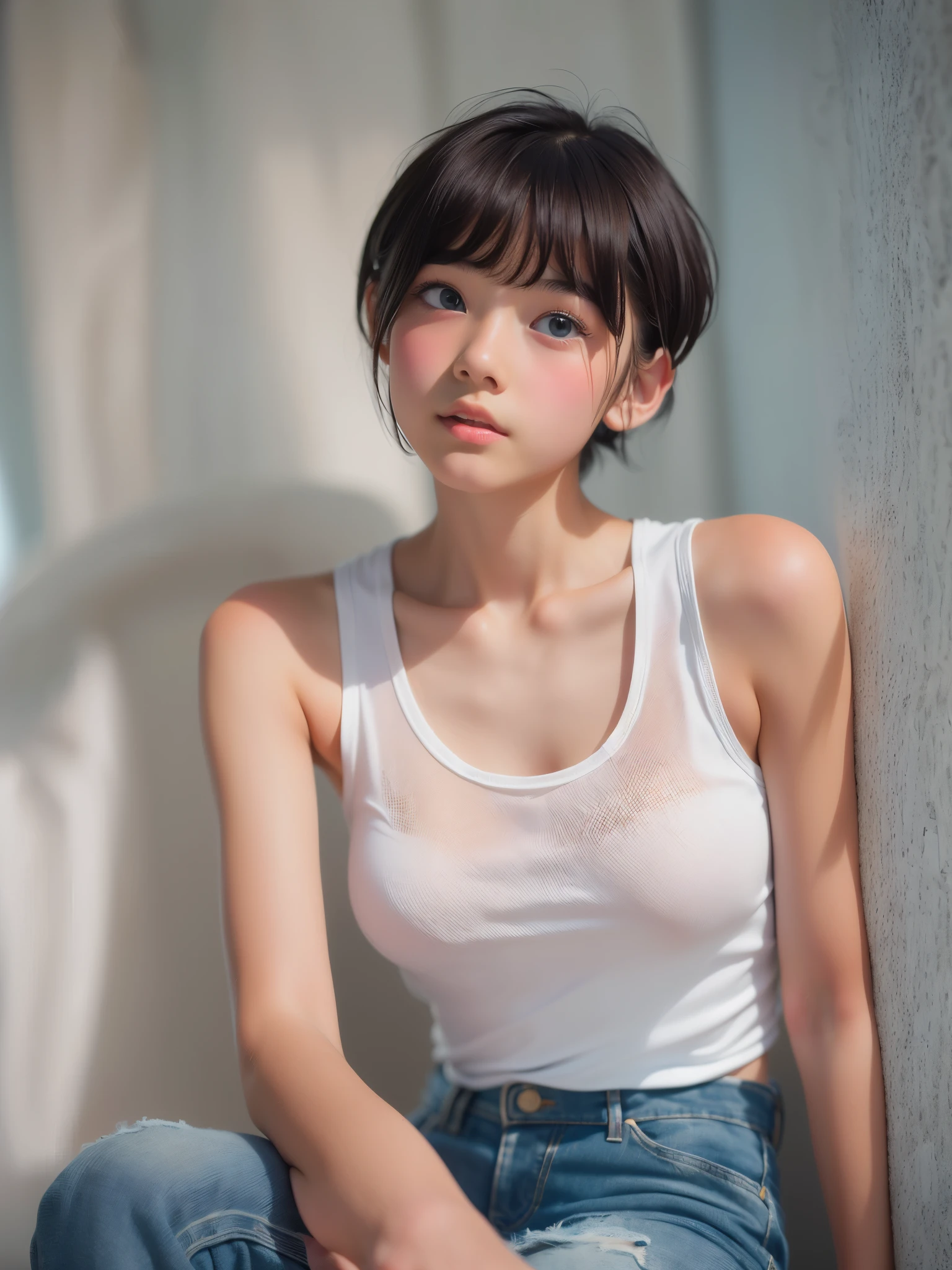 ((sfw: 1.4)), (( extra short hair, sidelocks-hair, 1Girl)),solo,((18 years old)), Ultra High Resolution, (Realistic:1.4), RAW Photo, Best Quality,  (Photorealistic), Focus, Soft Light, ,((Japanese)), (( (young face))), (wearing  white tanktop:1.5),((hot denim pants)),(surface), (depth of field), masterpiece, (realistic), , bangs,,(face close up)