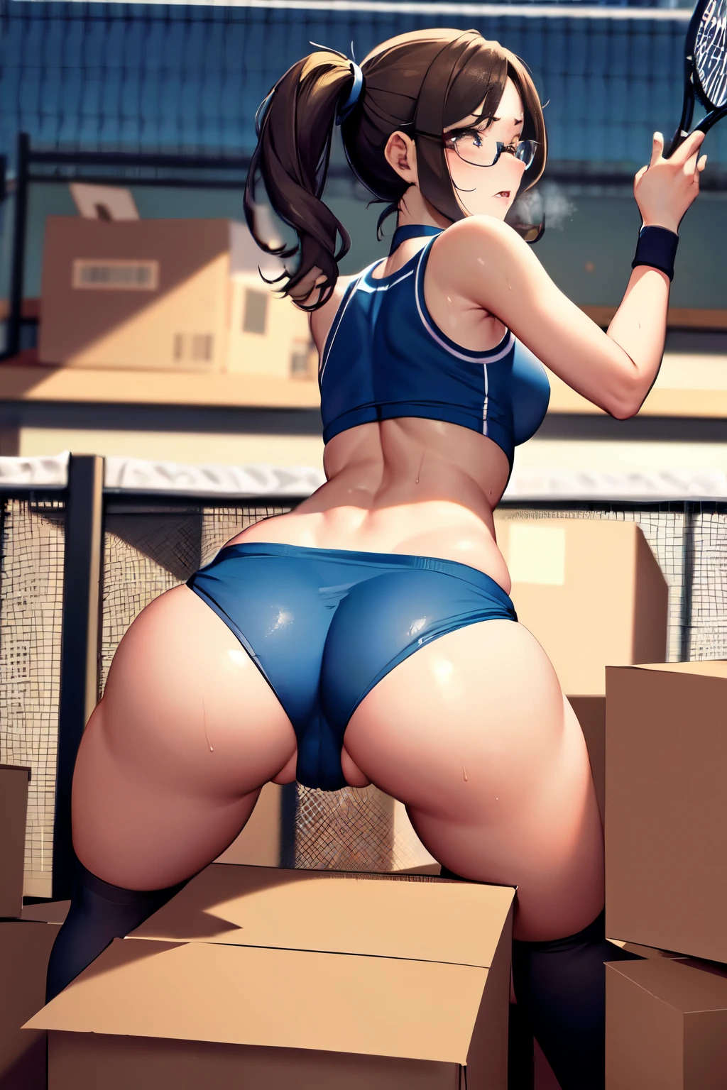 nsfw,(software:1.5), (Tennis Wear、Skort)、dark brown wavy long hair、Droopy eyes, Thick thighs, Such an ass, Liar, bed, Open crotch, Dettol, Spread your legs, Show your side, Down the Out、Tears are overflowing、Glasses、(Dynamic pose)、(Moving hard:1.7)、Untidy body、Dynamic Angles