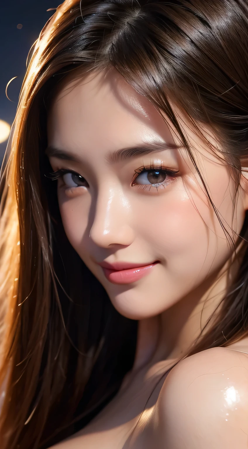 Beautiful woman，body portrait、8k，thin and beautiful eyes，Dindal effect、masterpiece, 最high quality, high quality, High resolution、very detailed photos、(natural skin texture、fine skin、hyper realism、Super sharpness)、high detail skin、(very detailed、fine skin texture、intricate details、beautiful face、(lifelike face)、realistic eyes、beautiful and detailed eyes、real looking skin、beautiful skin、big breasts、G cup、glamorous、shiny skin、oily muscles、Bunny girl、surreal、very detailed、golden ratio、with smiling eyes、((night moonlight background))、body portrait
