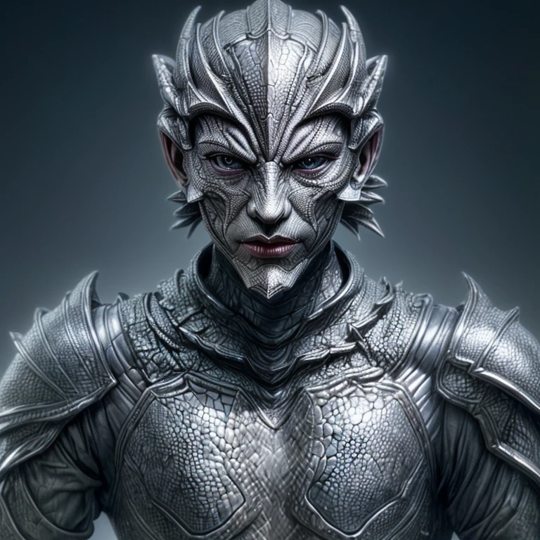 A lizard in random season, with a perfect sculptural realistic,with silver mediaval armor, and potrait, ultra realistic, HD,  