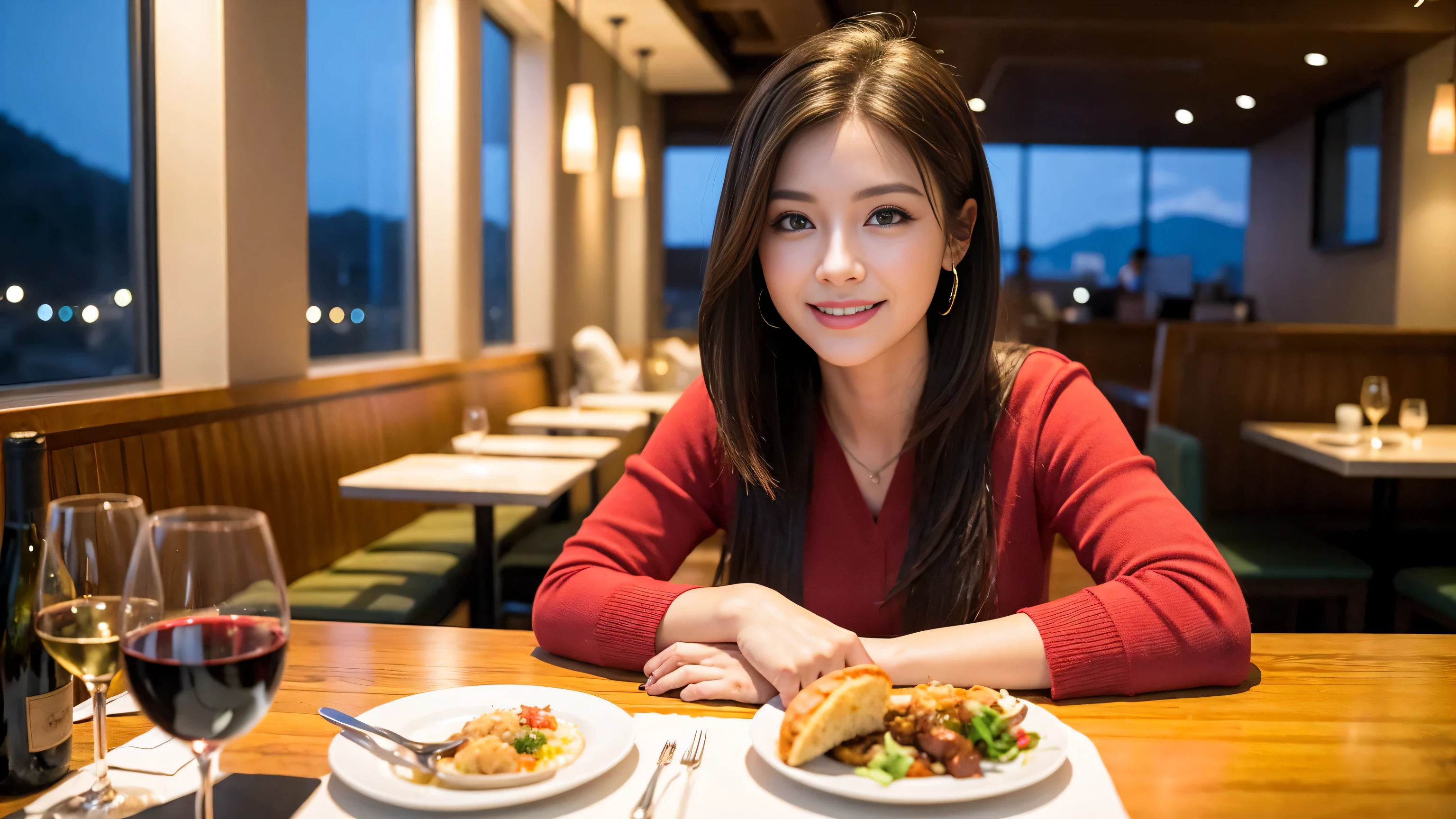 ((highest quality、8k、masterpiece:1.3))、Sharp focus:1.2、Beautiful woman perfect body:1.4、Slim body、((Bob Hale、Straight hair:1.2))、(to be born, highest quality, masterpiece:1.5), (Realistic, Intricate details:1.2), Ultra-high resolution, Spectacular view of the sunset sky and clouds、Amazing mountain views、A bright smile、wine glass、red wine 、Appetizer、Italian food、Wine bottle、Champagne、sparkling wine、, Beautiful Face, blue eyes, The light shines on your face, Blushing, short hair,Bright Face、Fox face、 (36 years old), 39 years old, Lady、Two beauties、Brown Hair、Shortcuts、Long sleeve shirt、dress、Pretty Woman 1, (slim face), (The body is slim), (Brown Hair), (Shortcuts), cheeks turn a little red,Attractive beauty、, Out of the window, A beautiful and detailed night view unfolds.........., restaurant, In a prominent place (From the waist up) Nova Frog Style, actress, model, Upper Body, White wine, slim, wine glass, A wine glass placed in the middle, smile, (smile: 1.15), Beautiful fine grain, Depth f/2,saturation, High Contrast, Strong light and shadow,Moist Body:1.5、3D texture、Delicate eyes、Brown Hair、The hair is very shiny、