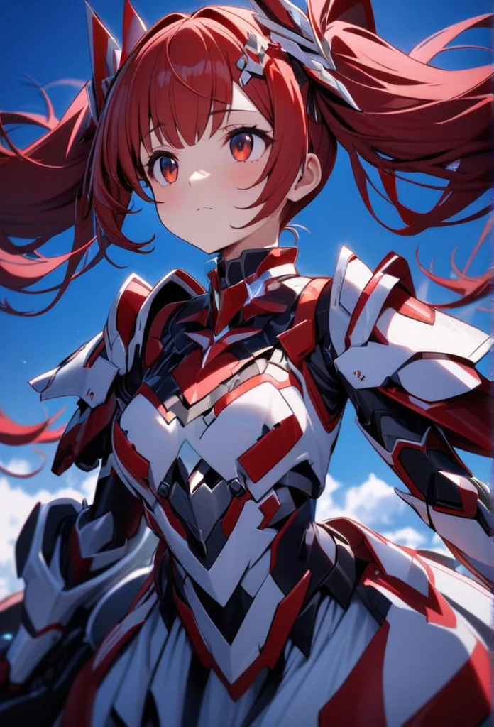 High quality, high definition, hig
h precision images,8k 1 Girl Robot Girl、red hair,Twin tails,Red eyes,Leaning forward Head decoration、 ,(red and white clothing Hold it with one hand),,He's wearing flashy robot armor.Holding a red and white long sword,、Blue sky.Flying in the sky,Distant Shot