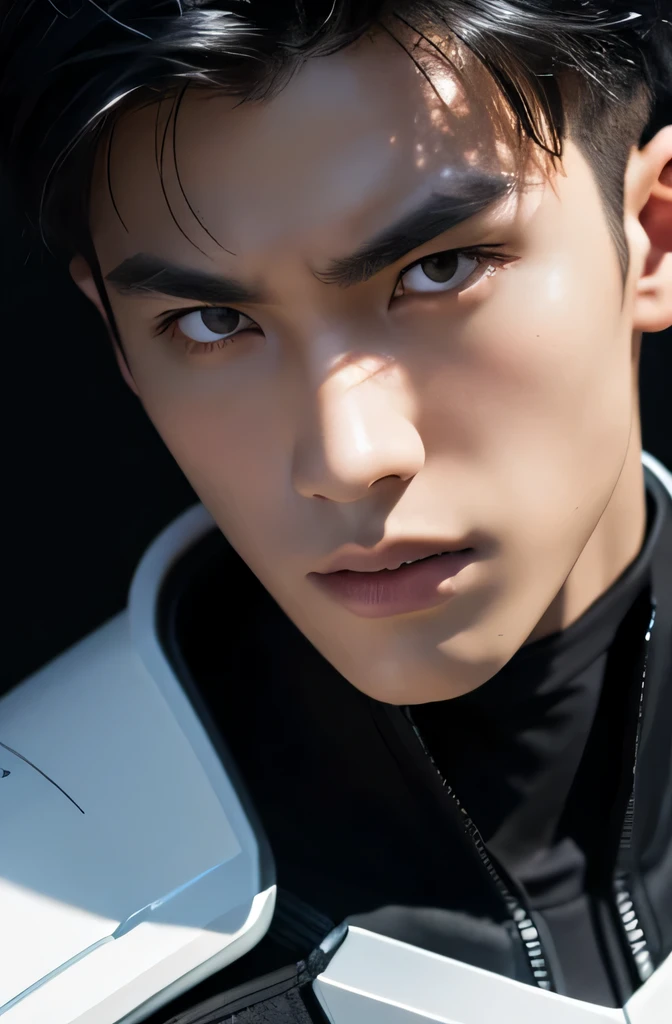 Japanese Male Model　Cool 18 year old　Short black hair　Slim and muscular　Fierce　Bright screen　Close-up image　White Armor
