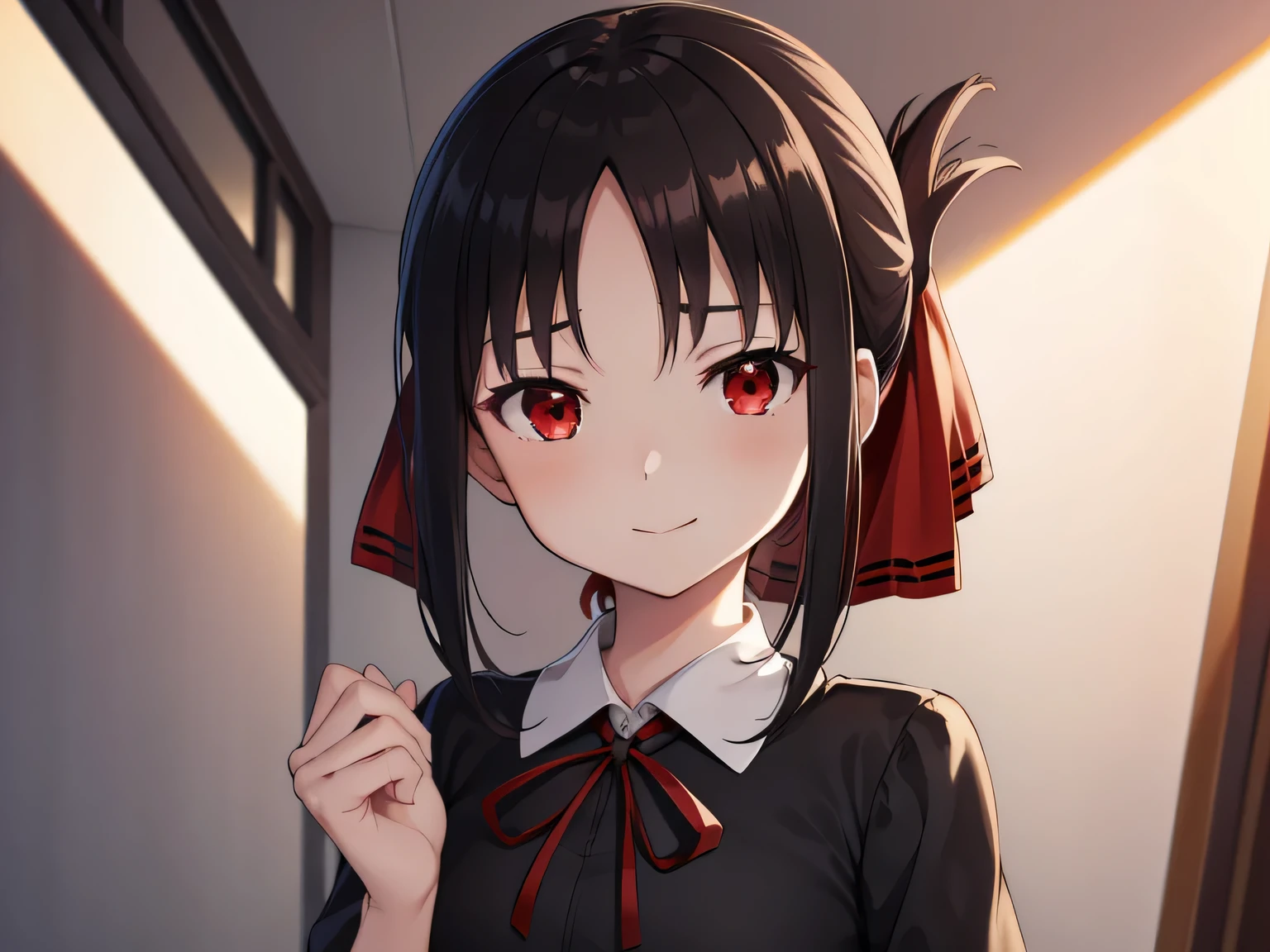 kaguyashinomiya, kaguya shinomiya, Folded ponytail, amount, hair ribbon, (Red eyes:1.5), red ribbon, ribbon, short hair, Side Lock, (Small breasts:1.2),
break black dress, dress, pinafore dress, , shirt, Short sleeve, Shuchiin Academy , white shirt,
break looking at viewer,
break indoors, classroom,
break (masterpiece:1.2), highest quality, High resolution, unity 8k wallpaper, (figure:0.8), (Beautiful fine details:1.6), Highly detailed face, Perfect lighting, Highly detailed CG, (Perfect hands, Perfect Anatomy),smile