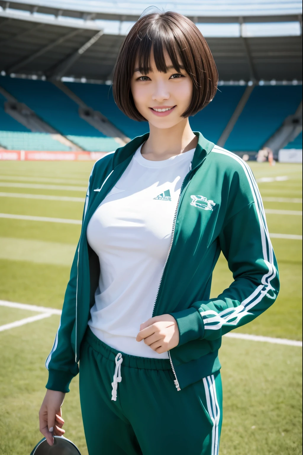 Upper Body, ((show off nipple)), at the track and field stadium, japanese lady, pale skin, droopy eyes, 20 year old, bowl cut hair, ((green Tracksuit)), ((standing)), high quality:1.3, shoot from below 2.0, Professional lighting:2.0 realistic:1.2, 4k resolution, detailed skin, masterpiece:1.1,smile,(tanned skin:1.3),(sunburn tanlines:1.3),(athlete:1.2),(flat chests:1.2),