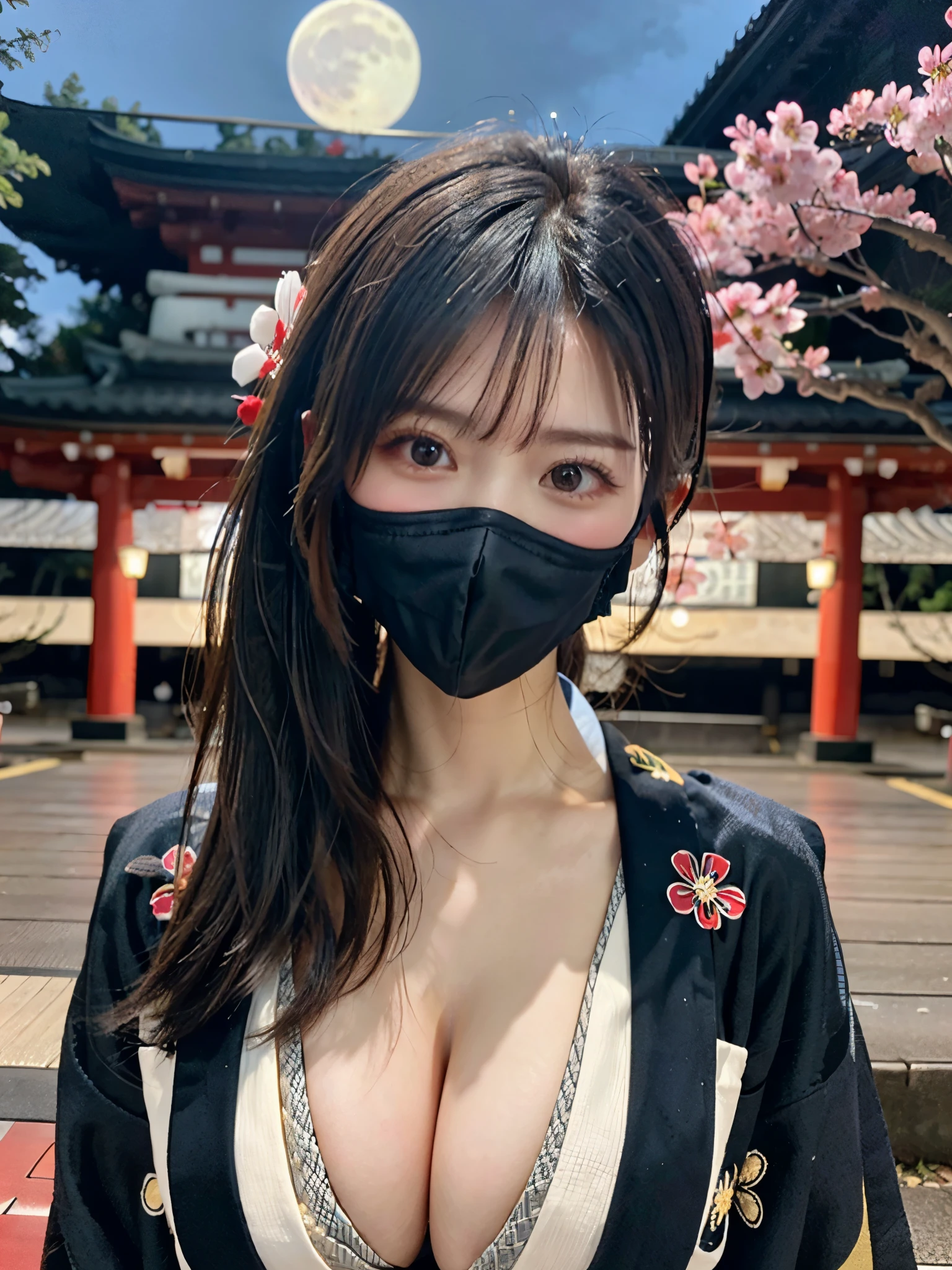 Best Quality, masutepiece, High resolution, 1girl in, Beautiful face,smile,
Tindall Effect,
Realism, Dark, Edge lighting, Two-tone lighting, (High Detail Skin: 1.2),
8K UHD, Digital SLR, Soft light, High quality, Volumetric lighting, Photo, high-definition4K, 8K,
(a beautiful idol),(black surgical mouth mask:1.3),
upturned eyes, straight nose, small face,Sharp features,Big eyes,
detailed background,(at the midnight river,Sakura,fullmoon:1.4),
BREAK
(standing,head tilt:1.3),(light black hair:1.5),(chignon hair:1.3),(large breast,plump thighs:1.3),
(cowboy shot,wide shot:1.3),
(kimono,cleavage:1.4)