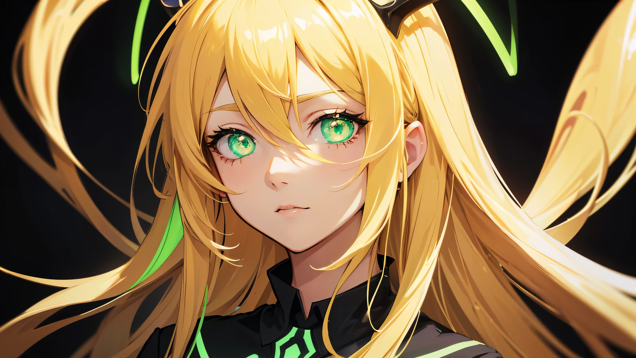 beautiful girl, close-up, darkness, dark picture, blonde hair, green neon eyes glowing in the dark, darkness, black background, light shine on the side of hair and fase, anime picture, perfect symmetrical eyes and pupils, mysterious look