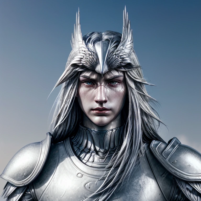 An eagle in random season, with a perfect sculptural realistic,with silver mediaval armor, and potrait, ultra realistic, HD,
