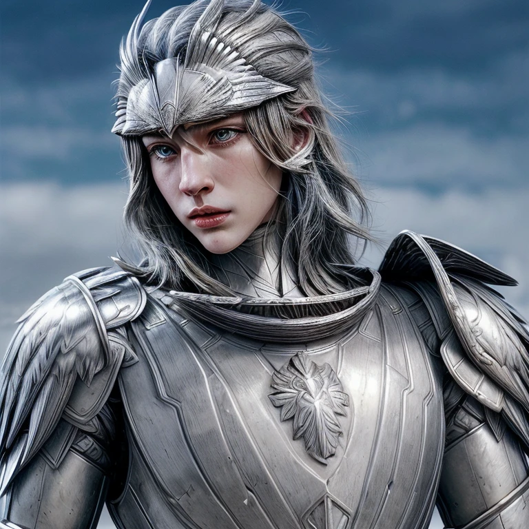 An eagle in random season, with a perfect sculptural realistic,with silver mediaval armor, and potrait, ultra realistic, HD,