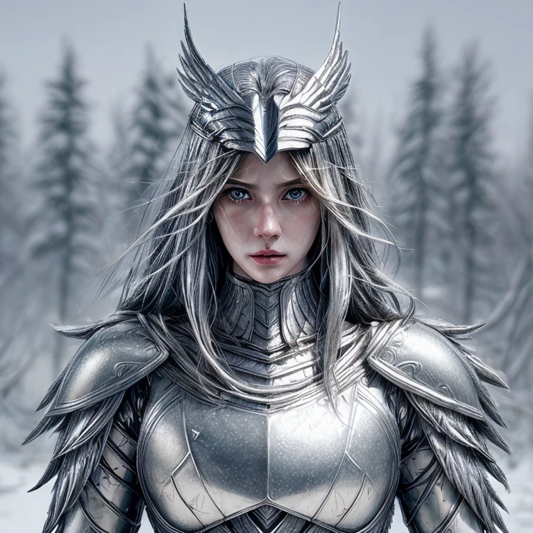An eagle in random season, with a perfect sculptural realistic,with silver mediaval armor, and potrait, ultra realistic, HD,