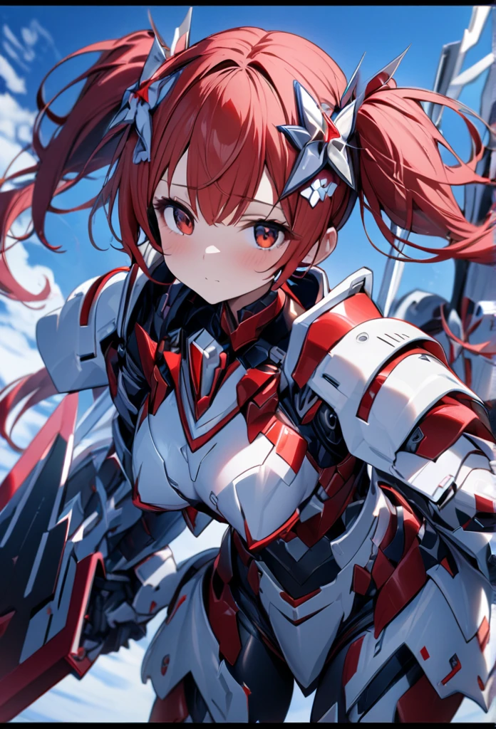 High quality, high definition, hig
h precision images,8k 1 Girl Robot Girl、red hair,Twin tails,Red eyes,Leaning forward Head decoration、 ,(red and white clothing Hold it with one hand),,He's wearing flashy robot armor.Holding a red and white long sword,、Blue sky.Flying in the sky,Distant Shot

